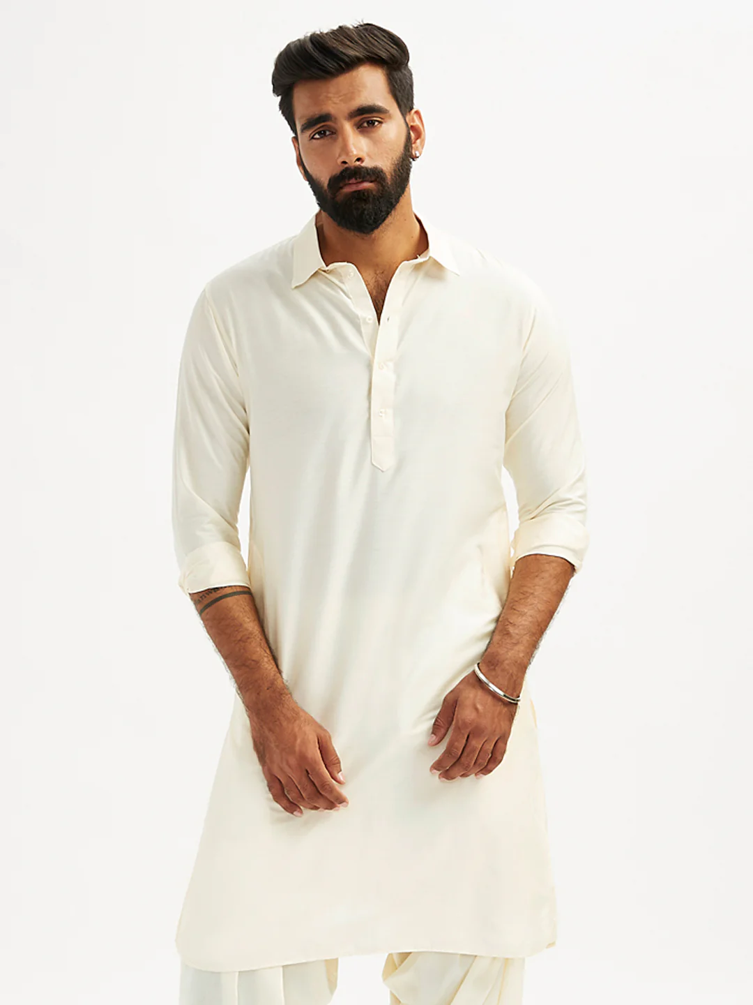 Men’s Solid Cotton Pathani Kurta with Shirt Collar and Full Sleeves - Image 2
