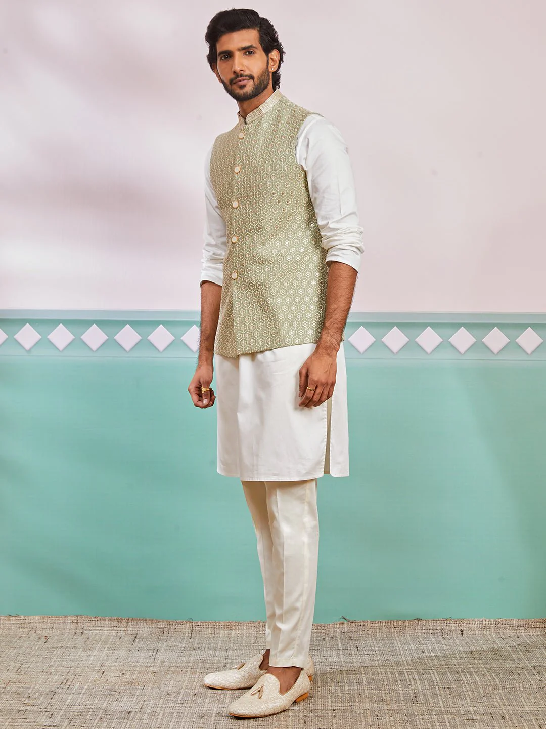 Men’s Cream Kurta Pyjama Set with Pista Green Embroidered Nehru Jacket - Image 4