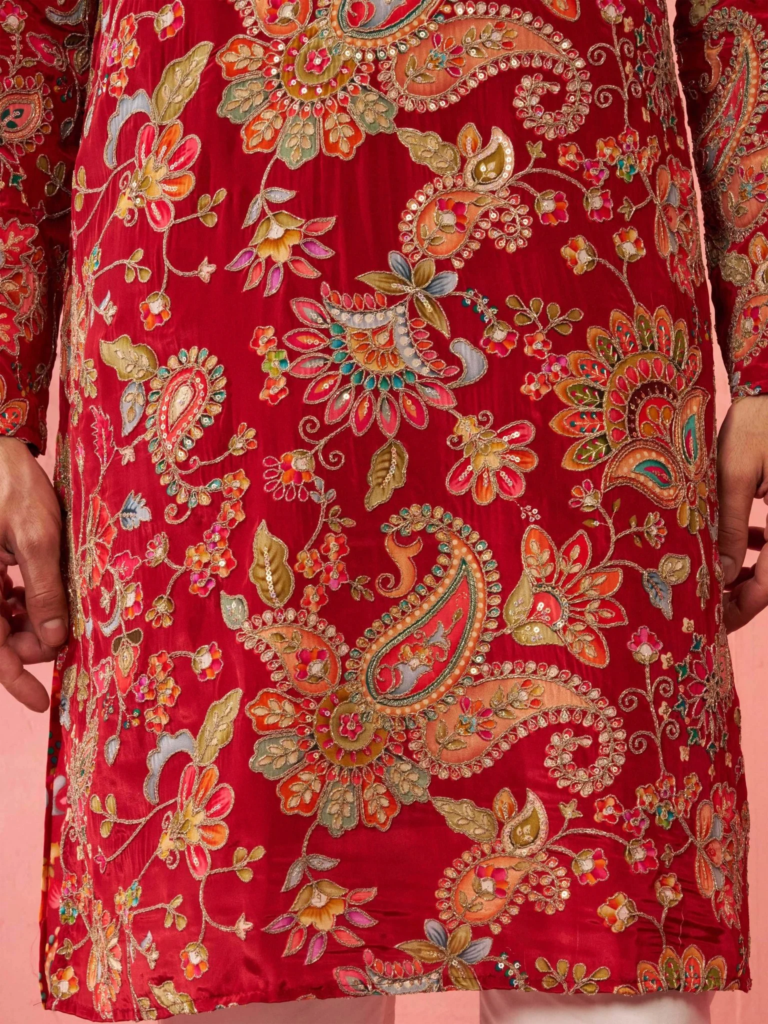 Men’s Maroon Crepe Zari Embroidered Mandarin Collar Kurta with Digital Floral Print - Image 7