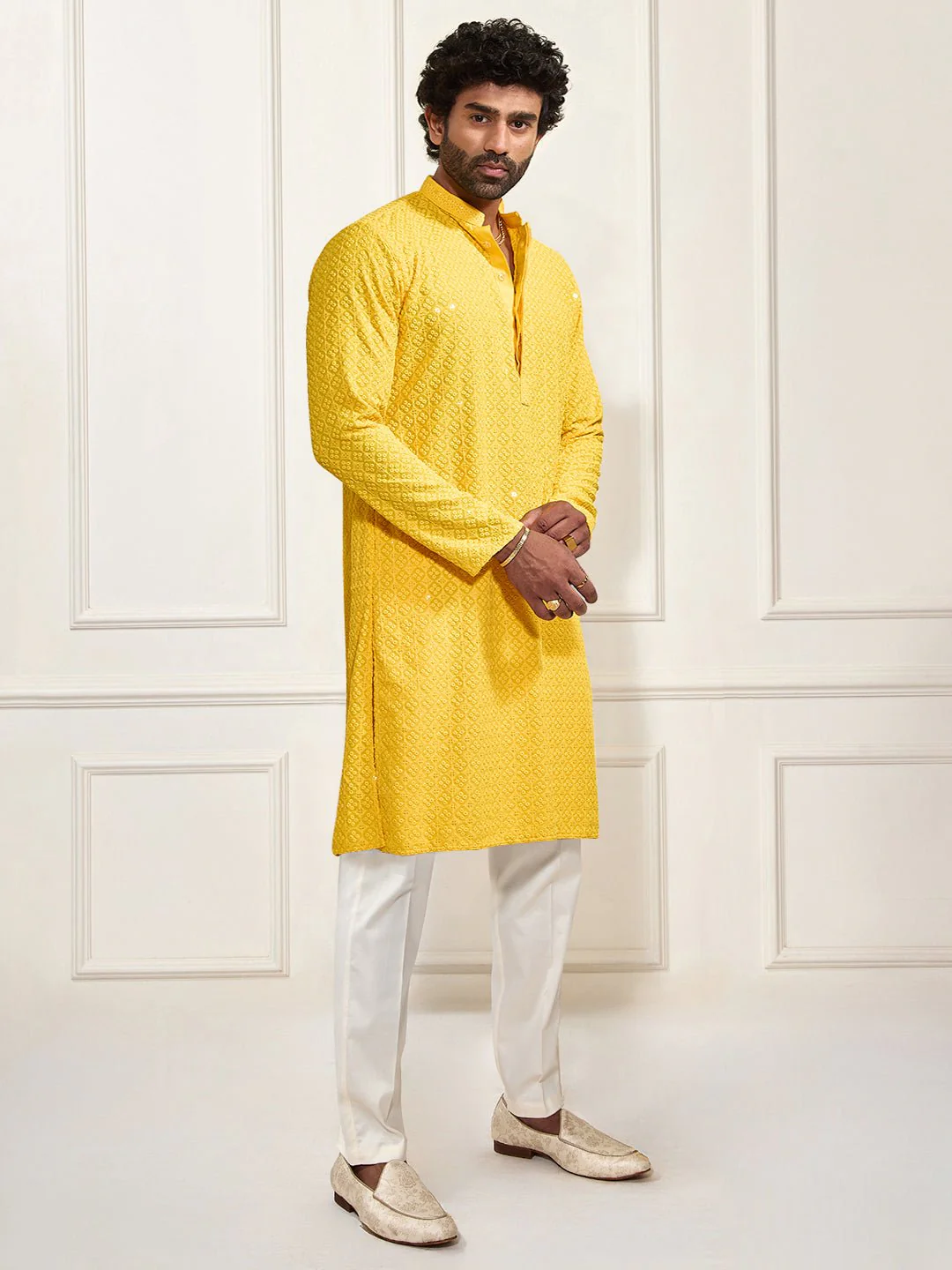 Men's Yellow Shifli Sequin Embroidered Kurta with Cream Pyjama Set - Image 6