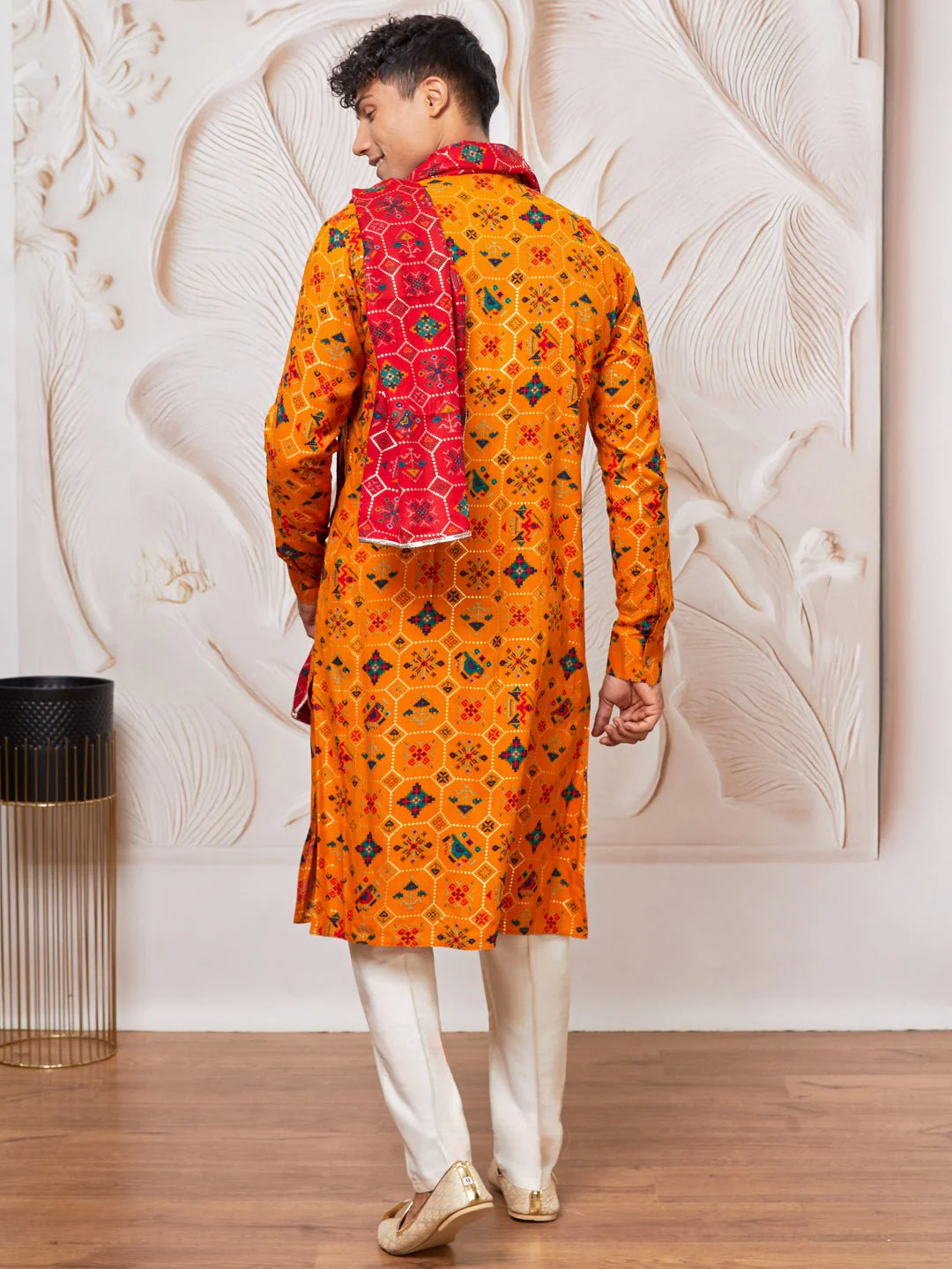 Men's Yellow Patola Print Silk Blend Kurta Pyjama Set with Red Printed Dupatta - Image 5