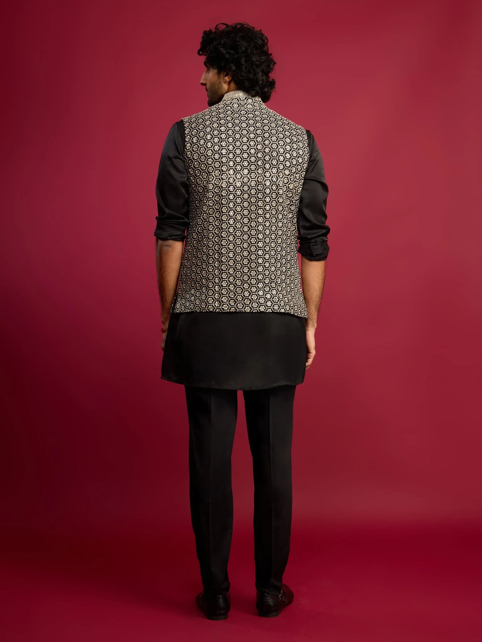 Men's All-Black Sequin & Thread Embroidered Nehru Jacket with Black Satin Kurta & Pants Set - Image 5