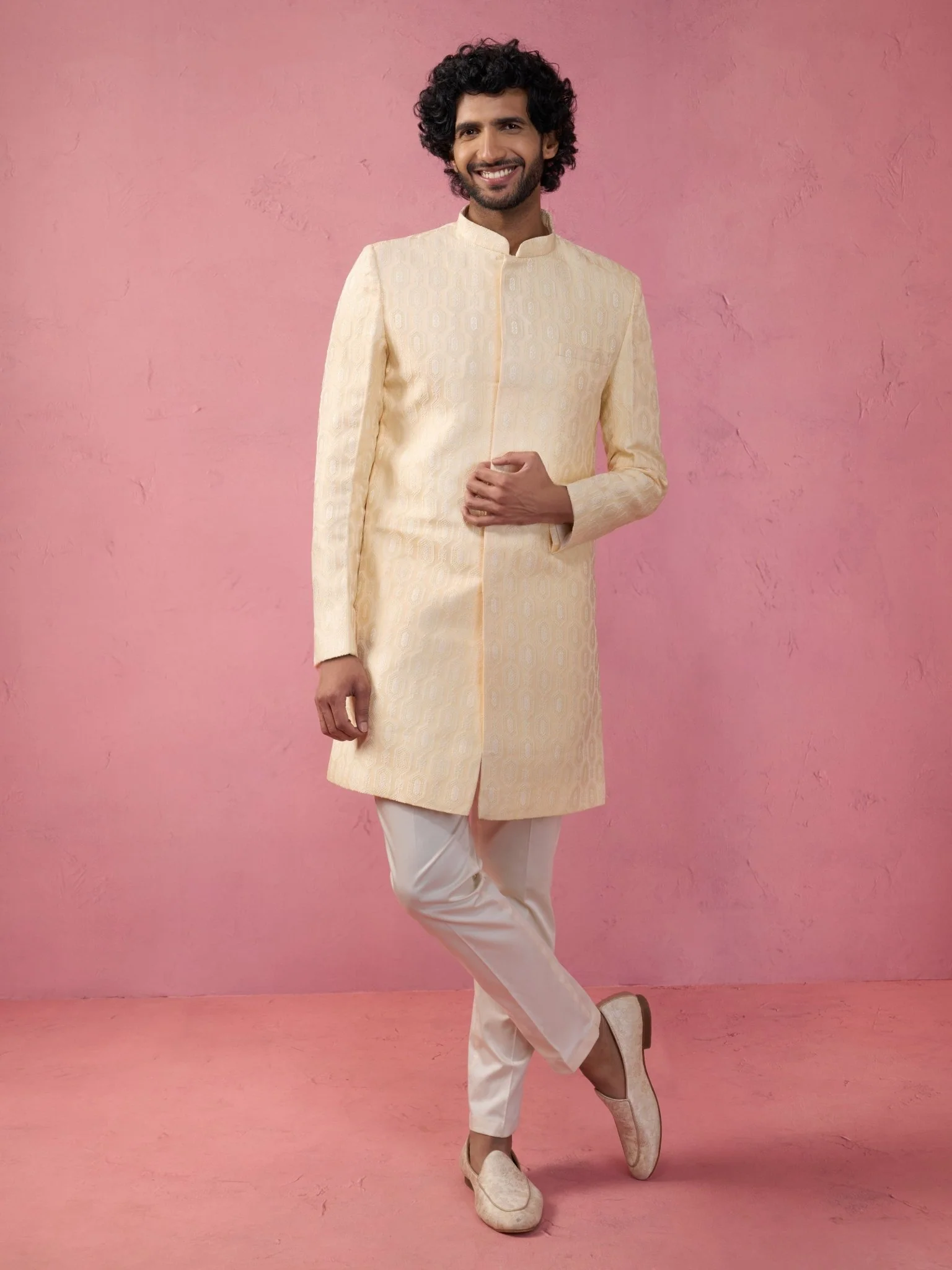 Men's Beige Jacquard Indo-Western Kurta with Cream Trousers - Image 3