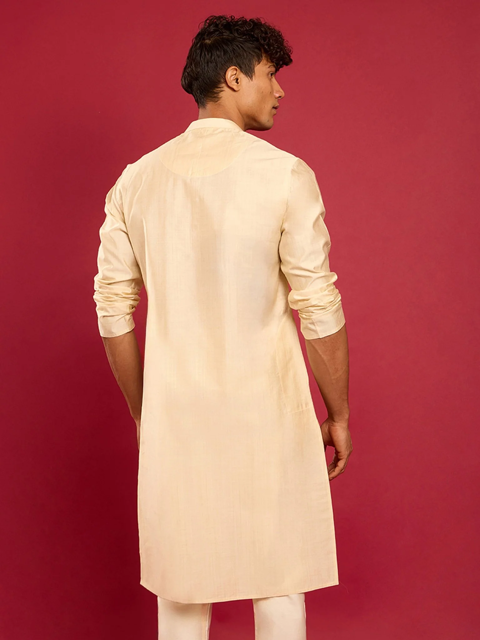 Men's Beige Silk Blend Kurta - Image 5