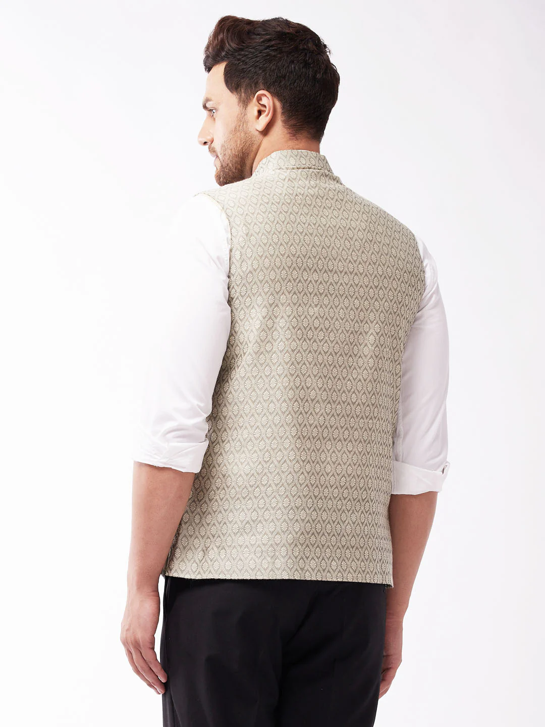 Men's Beige Jacquard Nehru Jacket - Image 3