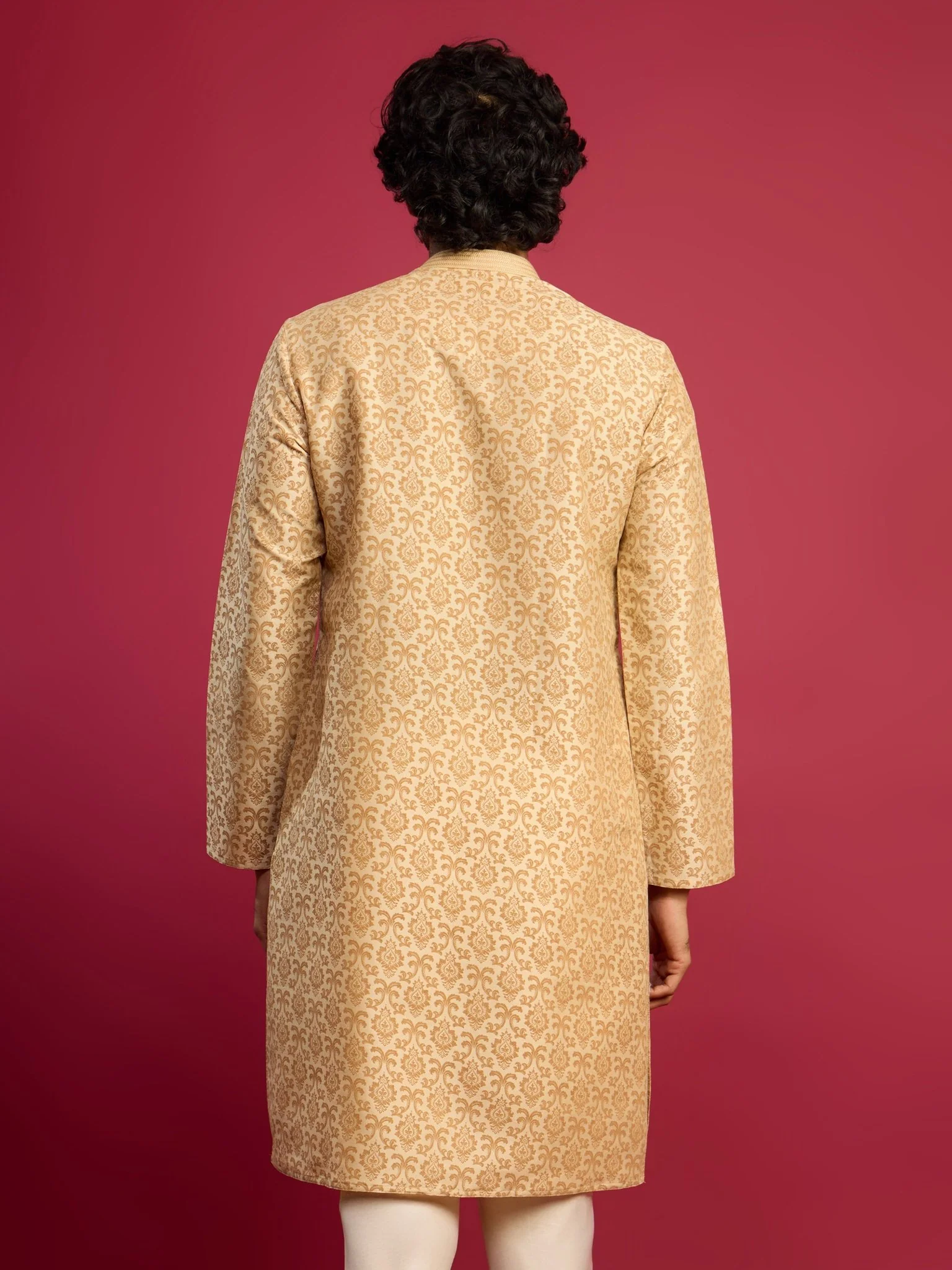 Men's Beige Silk Blend Screen Printed Thread Embroidered Long Kurta - Image 5