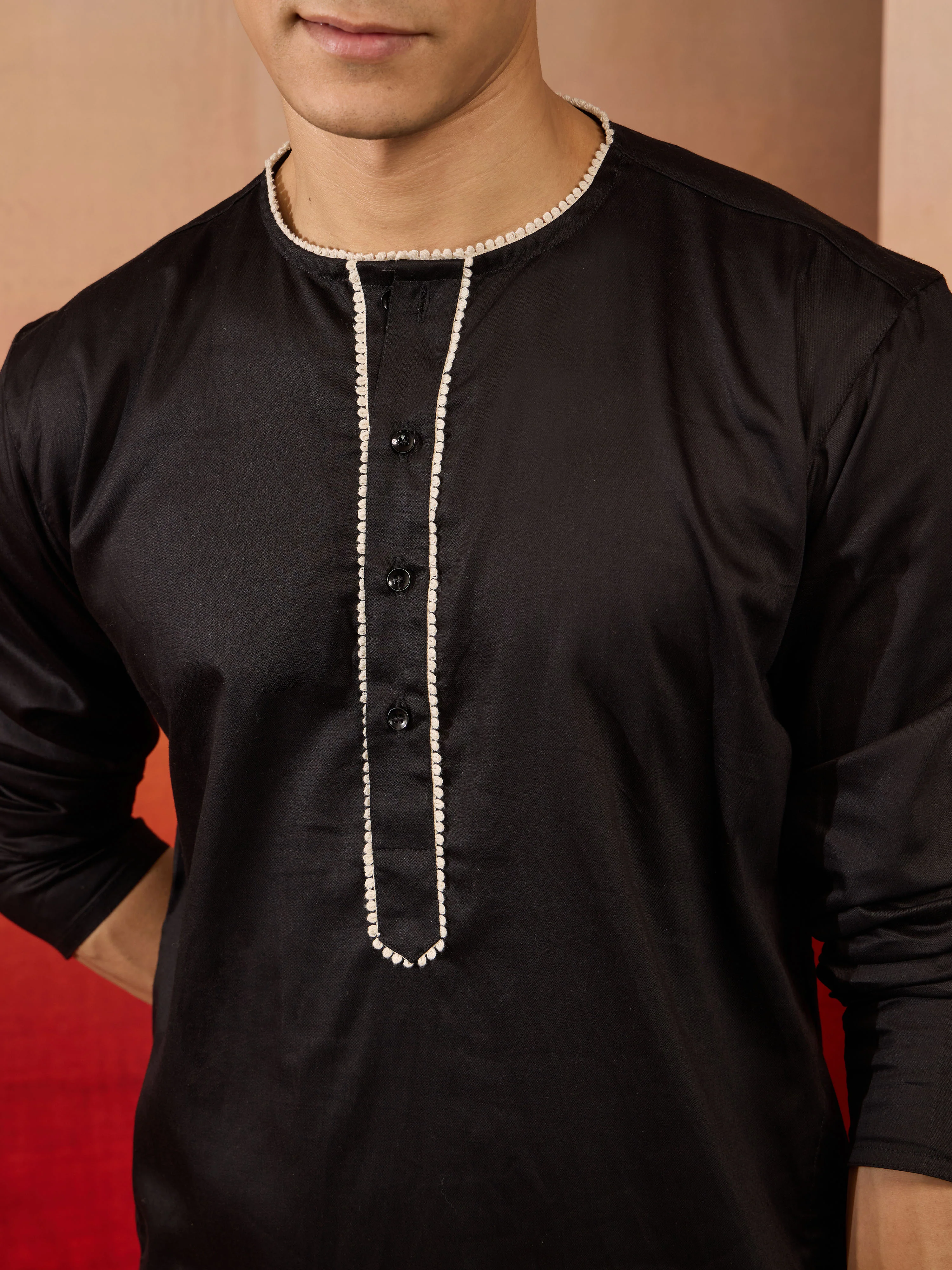 Men's Black Cotton Kurta Pyjama Set - Image 2