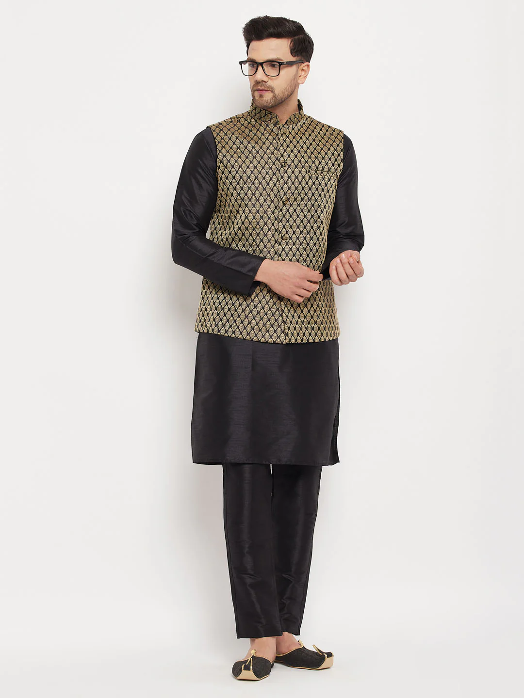 VASTRAMAY Men's Black Silk Blend Jacket With Kurta Pant Set - Image 7