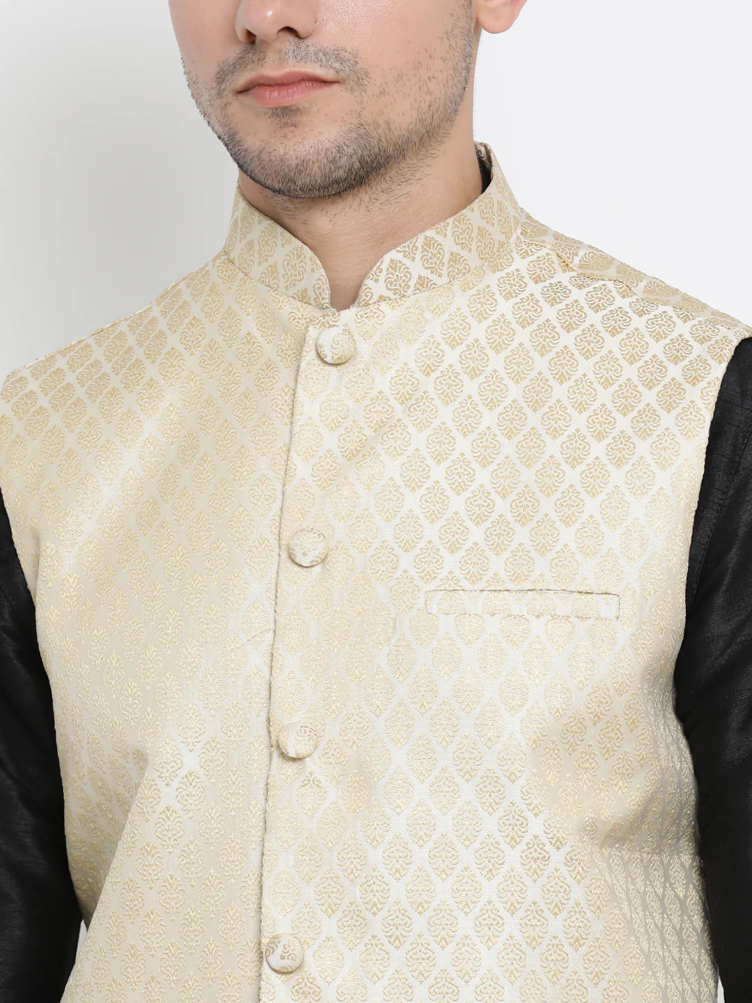 Men's Cream Silk Blend Jacket With Kurta Pyjama Set - Image 3