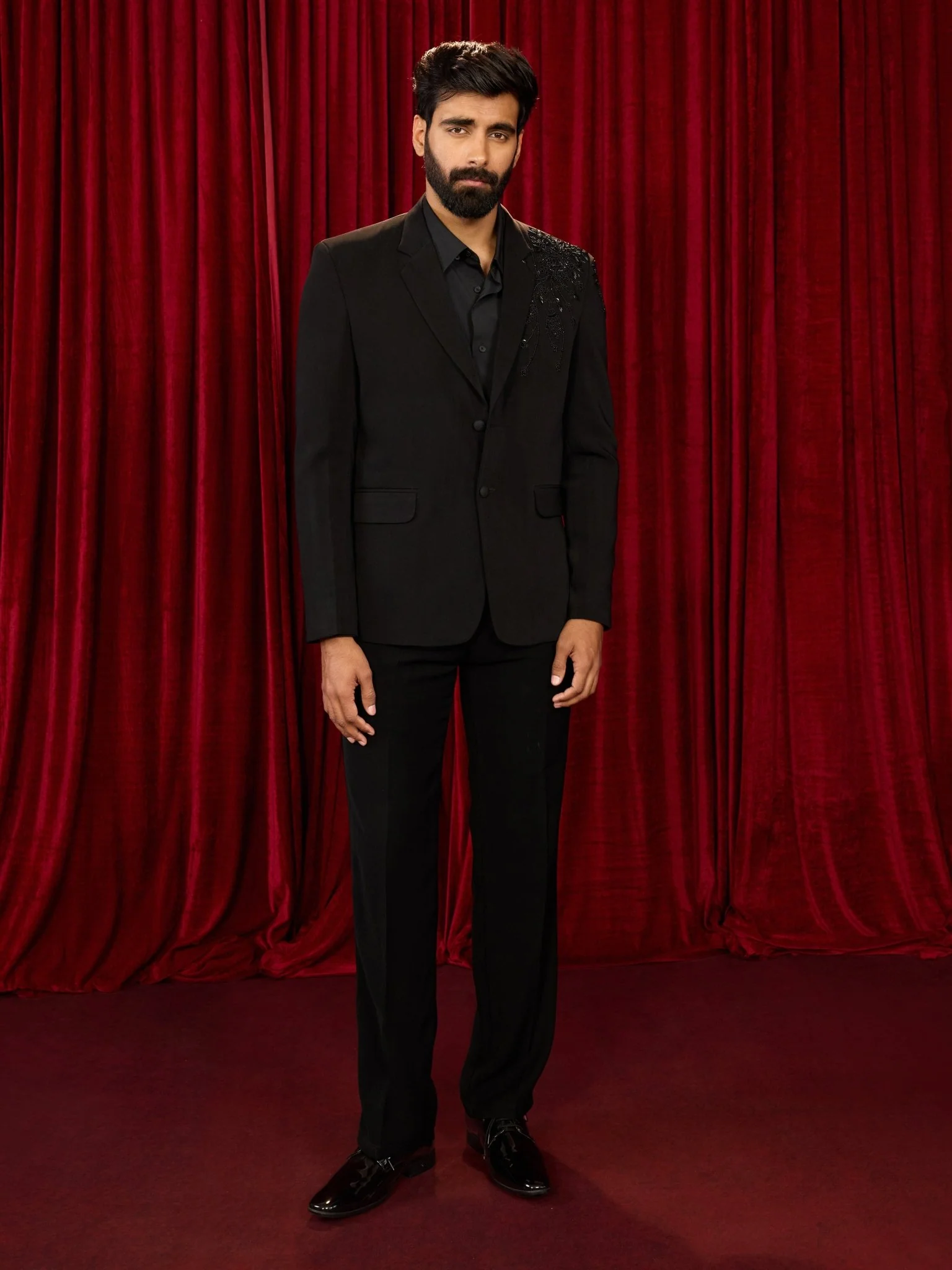 Men's Black Cutdana Bead Work Blazer & Straight Pant Set - Image 3