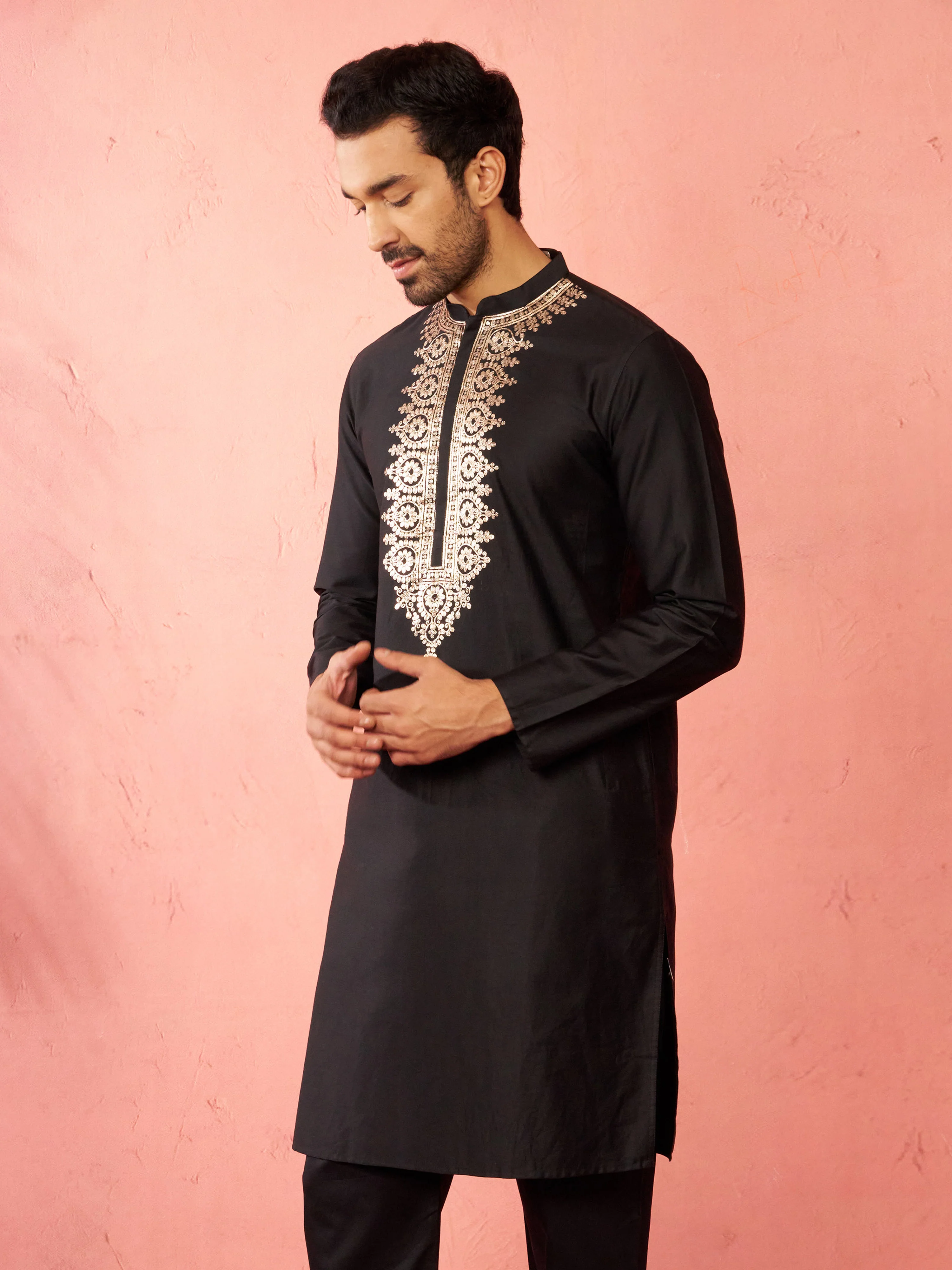Men's Black Fine Satin Hand Embroidered Kurta - Image 3