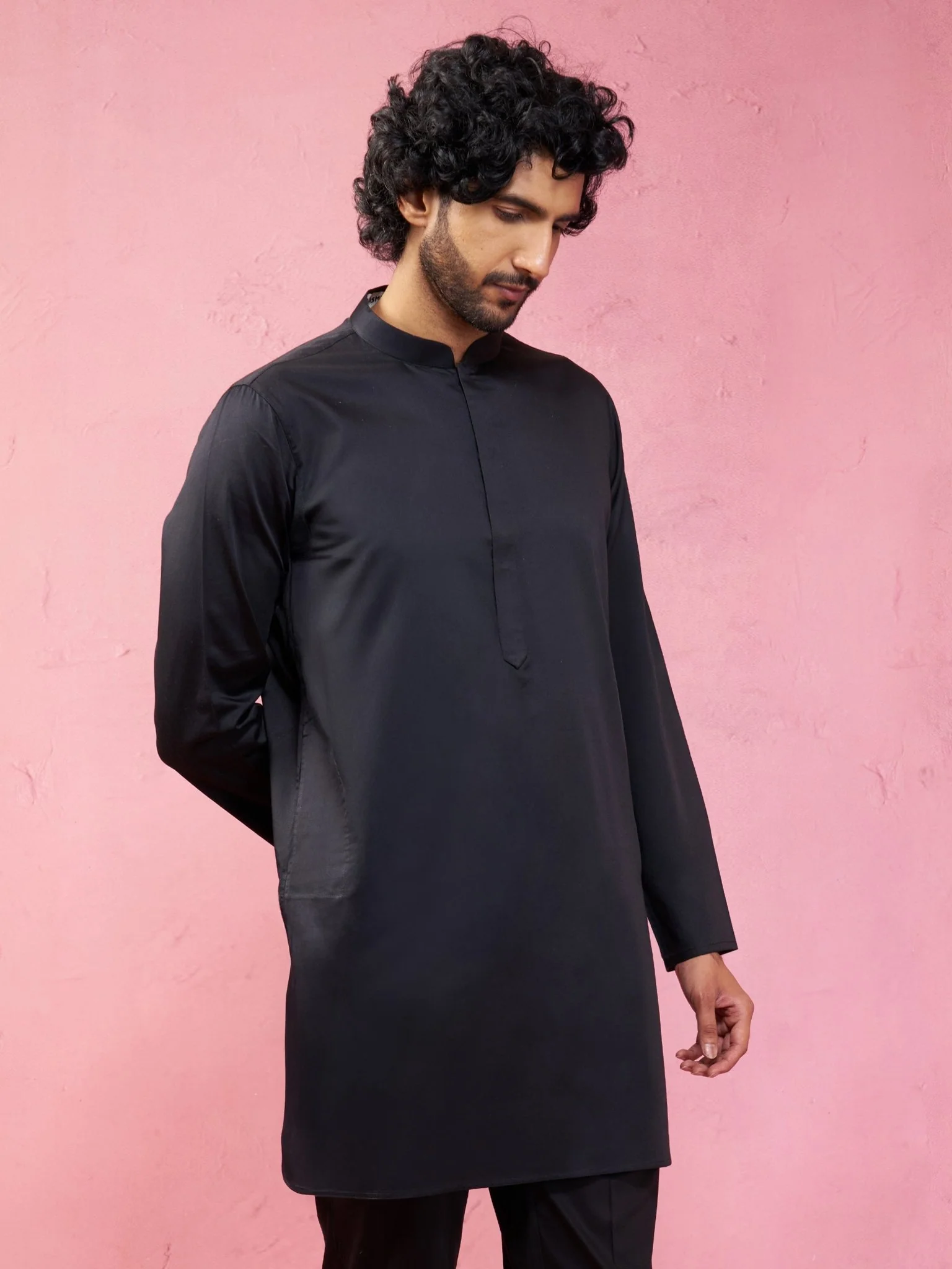 Men's Black Fine Satin Kurta - Image 4