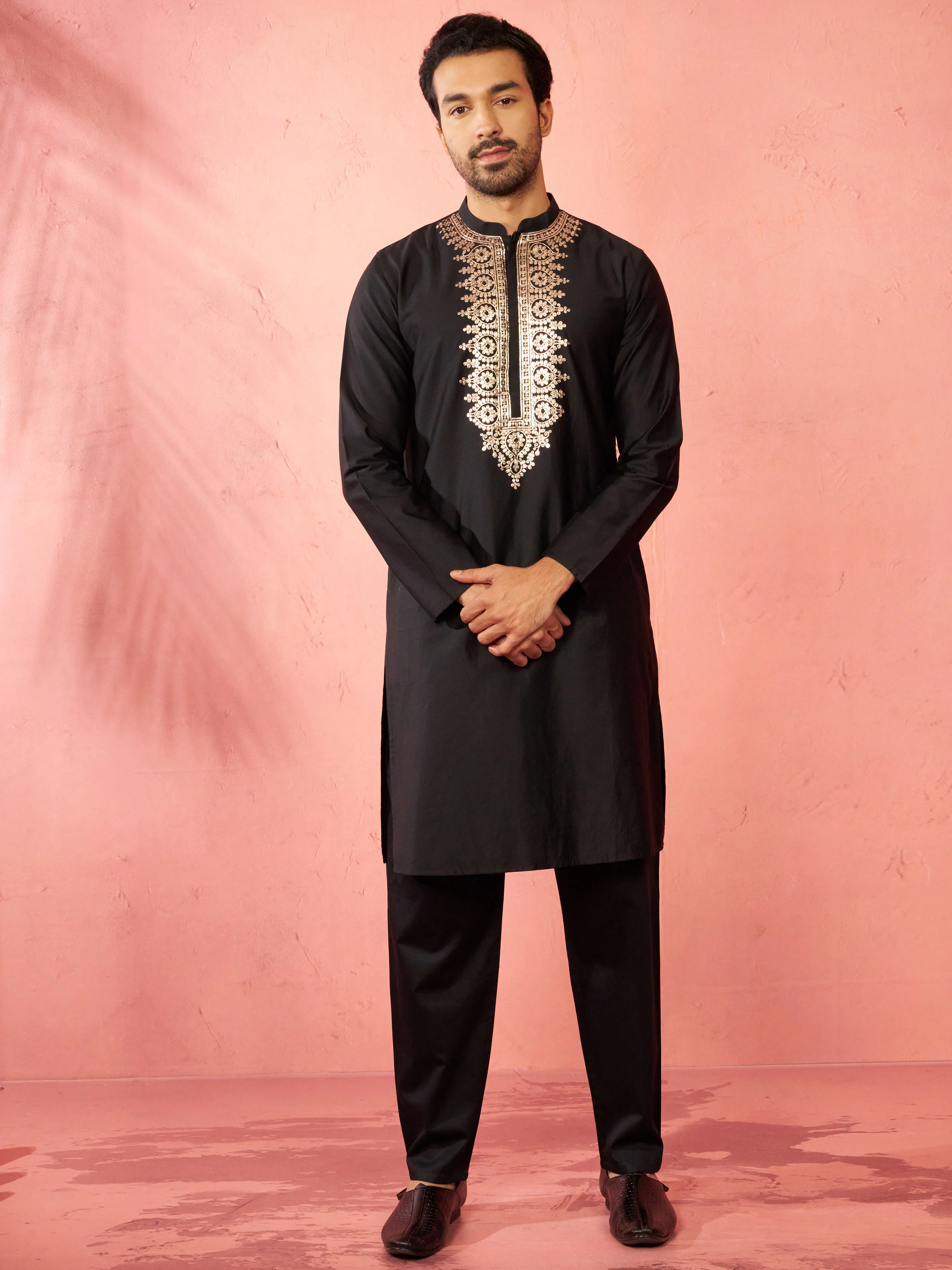 Men's Black Fine Satin Kurta with Pyjama - Image 3