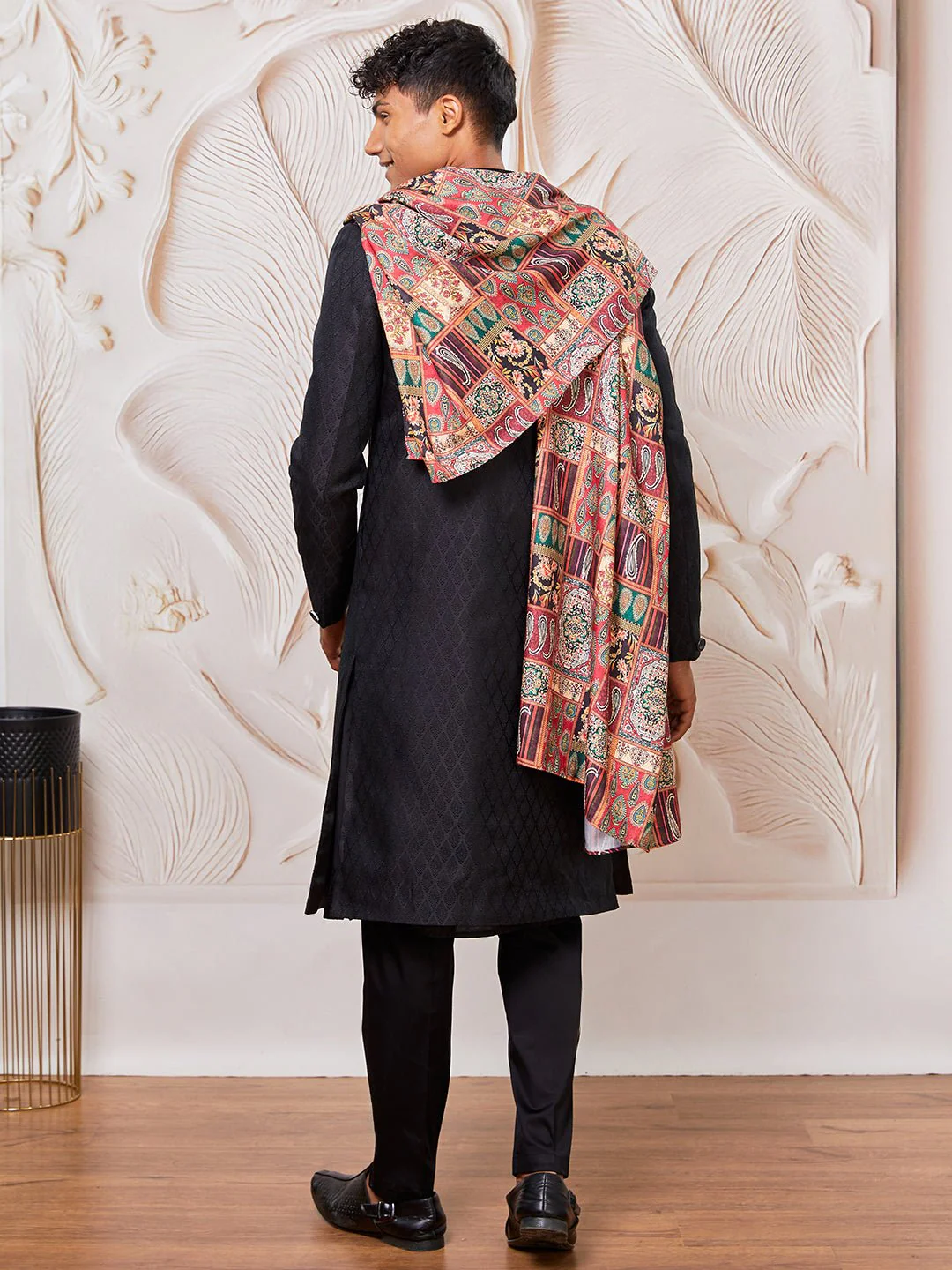 Men's Black Kalka Jacquard Sherwani Set with Viscose Pyjama & Multicolor Paisley Dupatta - Image 5