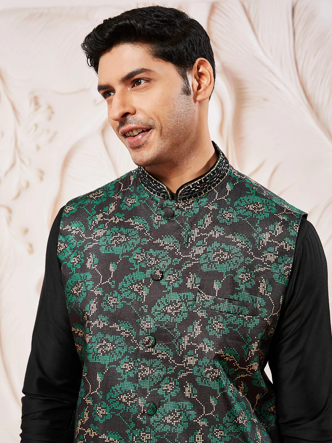 Men's Black Kurta Pyjama Set with Green Printed Nehru Jacket - Image 2