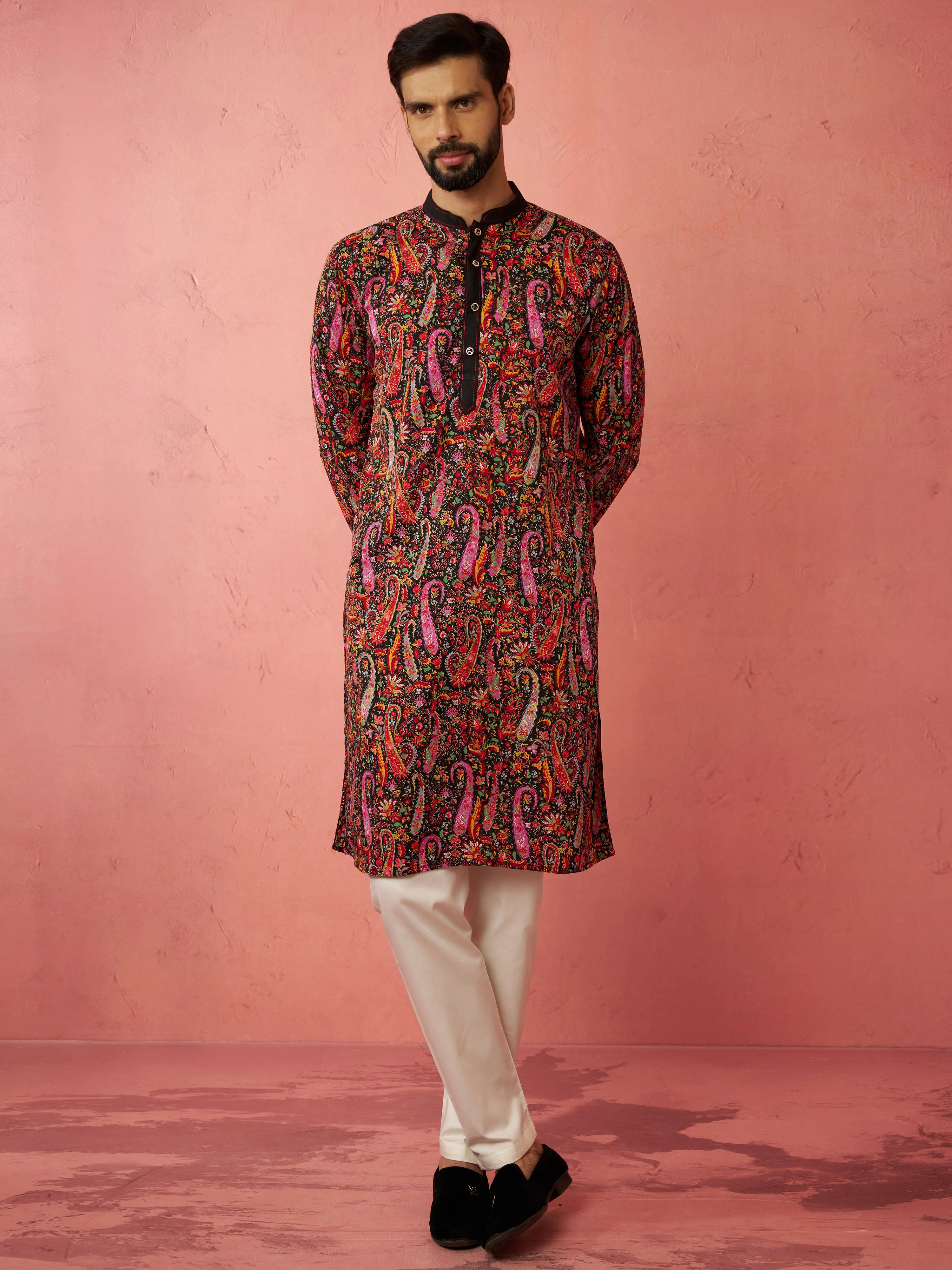 Men's Black Kurta with Cream Pyjama - Image 3