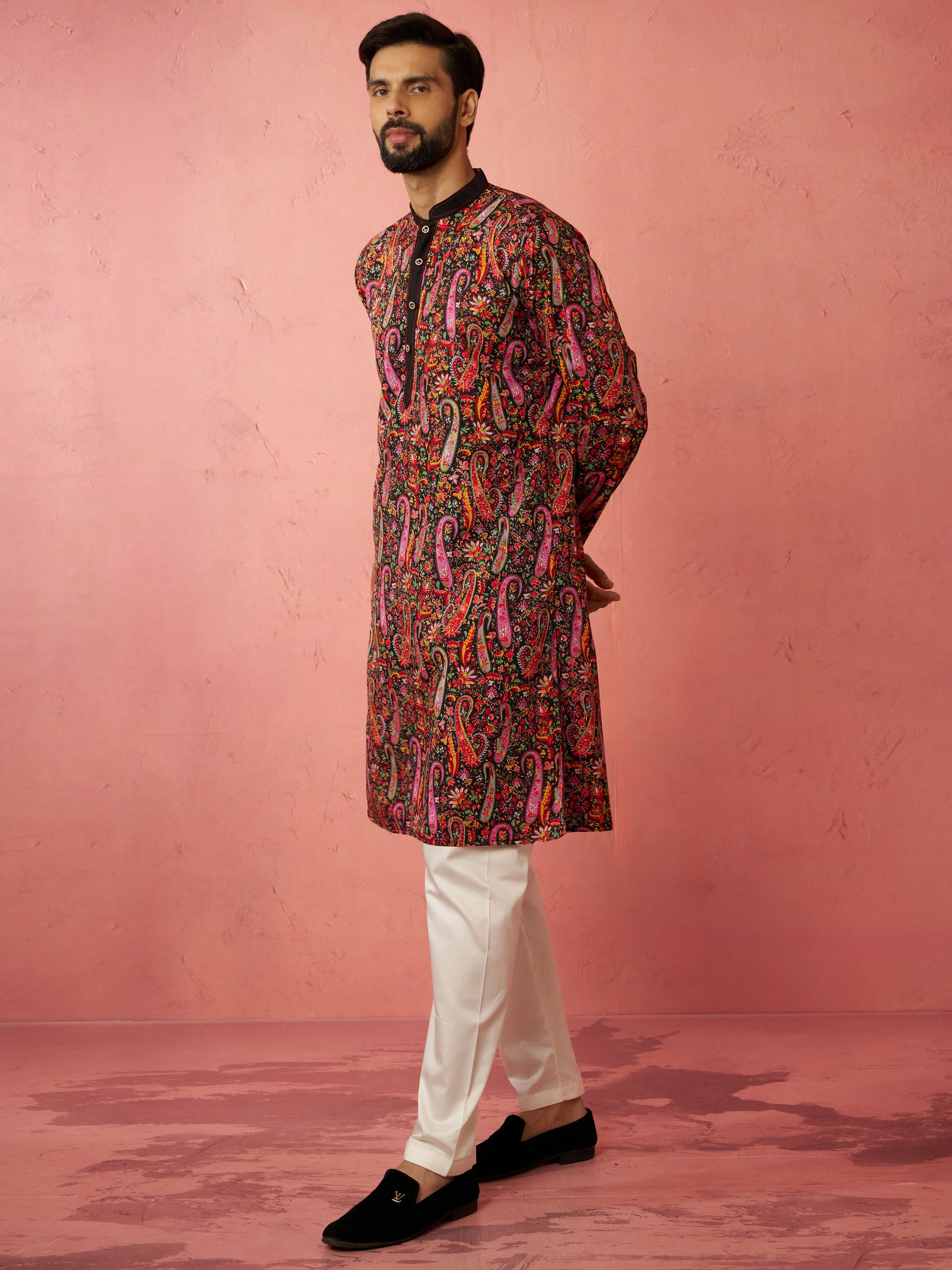 Men's Black Kurta with Cream Pyjama - Image 4