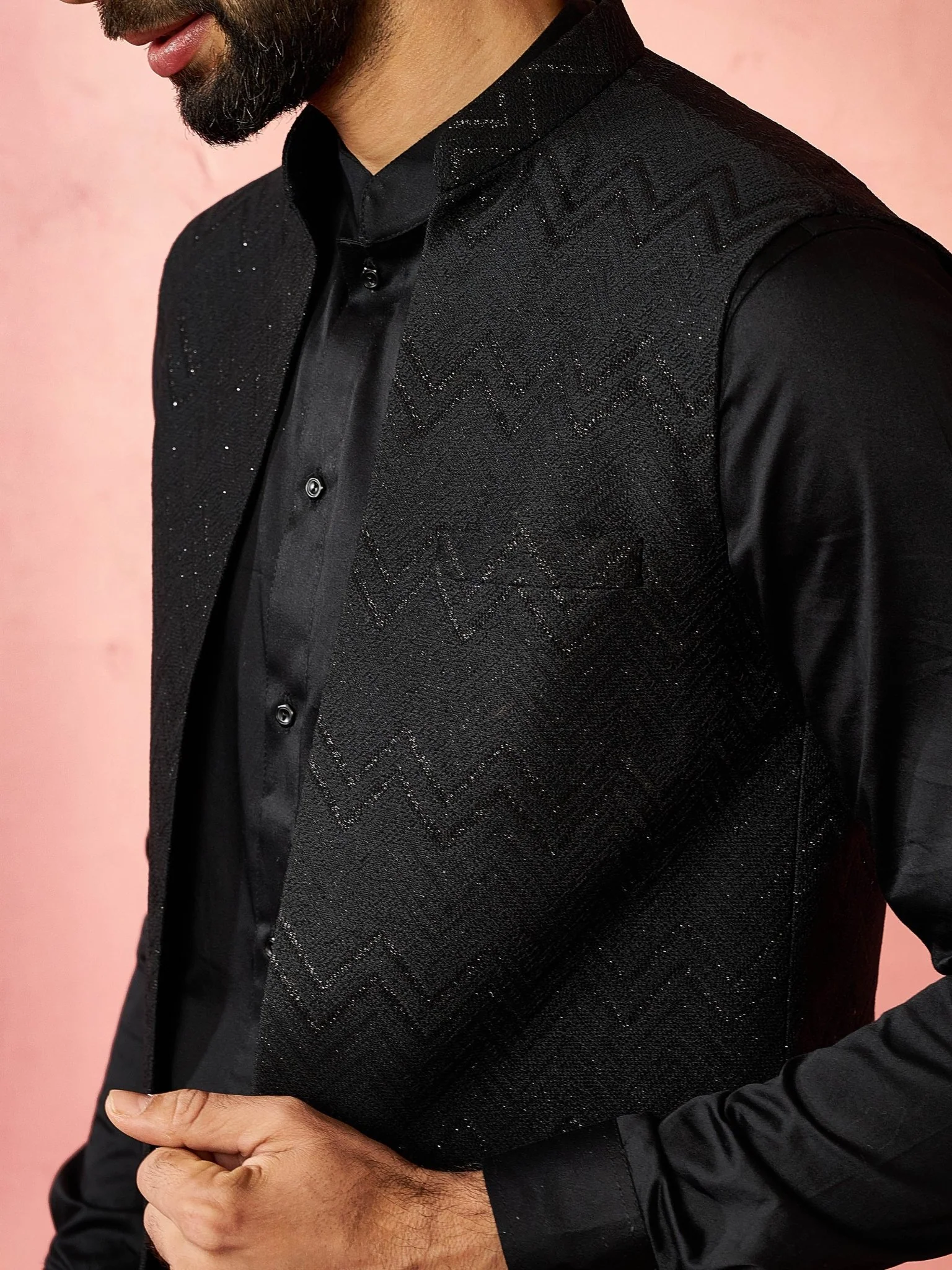 Men's Black Maharaja Jacquard Nehru Jacket - Image 2