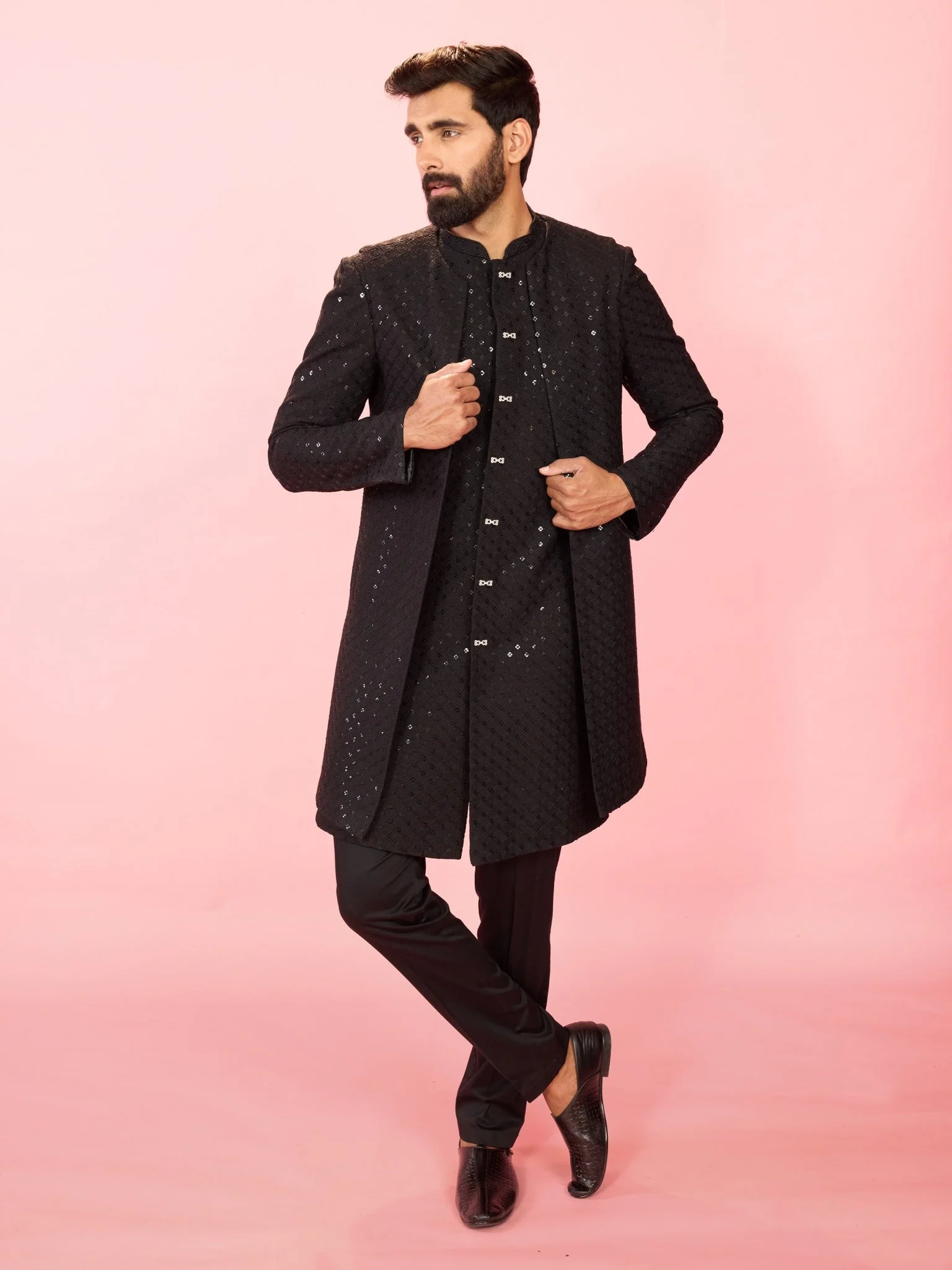 Men's Black Sequin Embroidered Double-Layer Indo Sherwani with Pant Pyjama