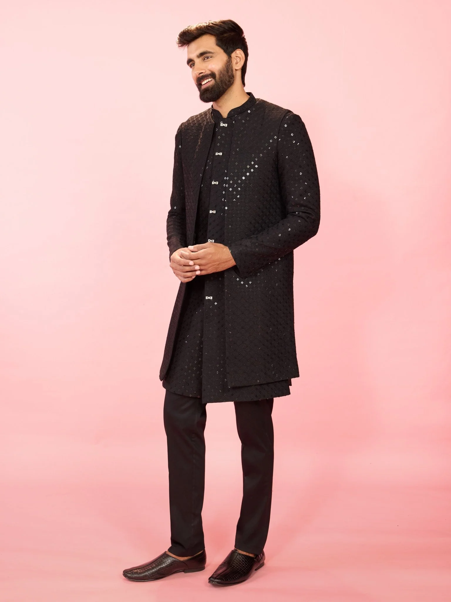 Men's Black Sequin Embroidered Double-Layer Indo Sherwani with Pant Pyjama - Image 4