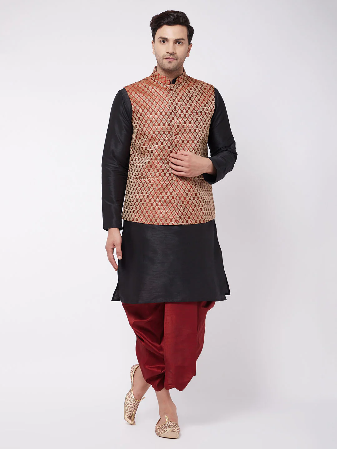 Men's Black Silk Blend Kurta And Dhoti With Maroon Woven Nehru Jacket - Image 6