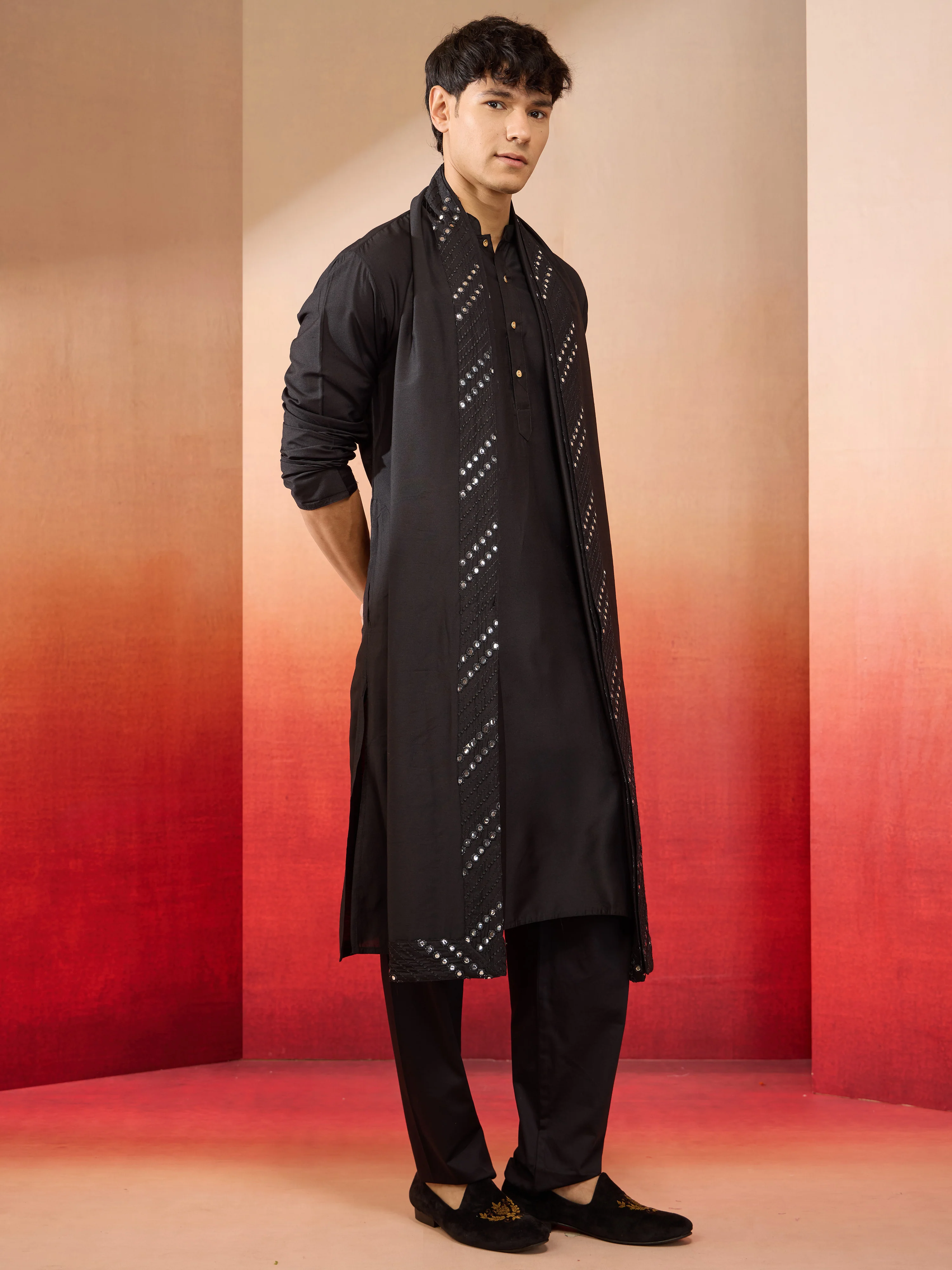 Mens Black Silk Kurta Set with Pant and Mirror Work Dupatta - Image 4