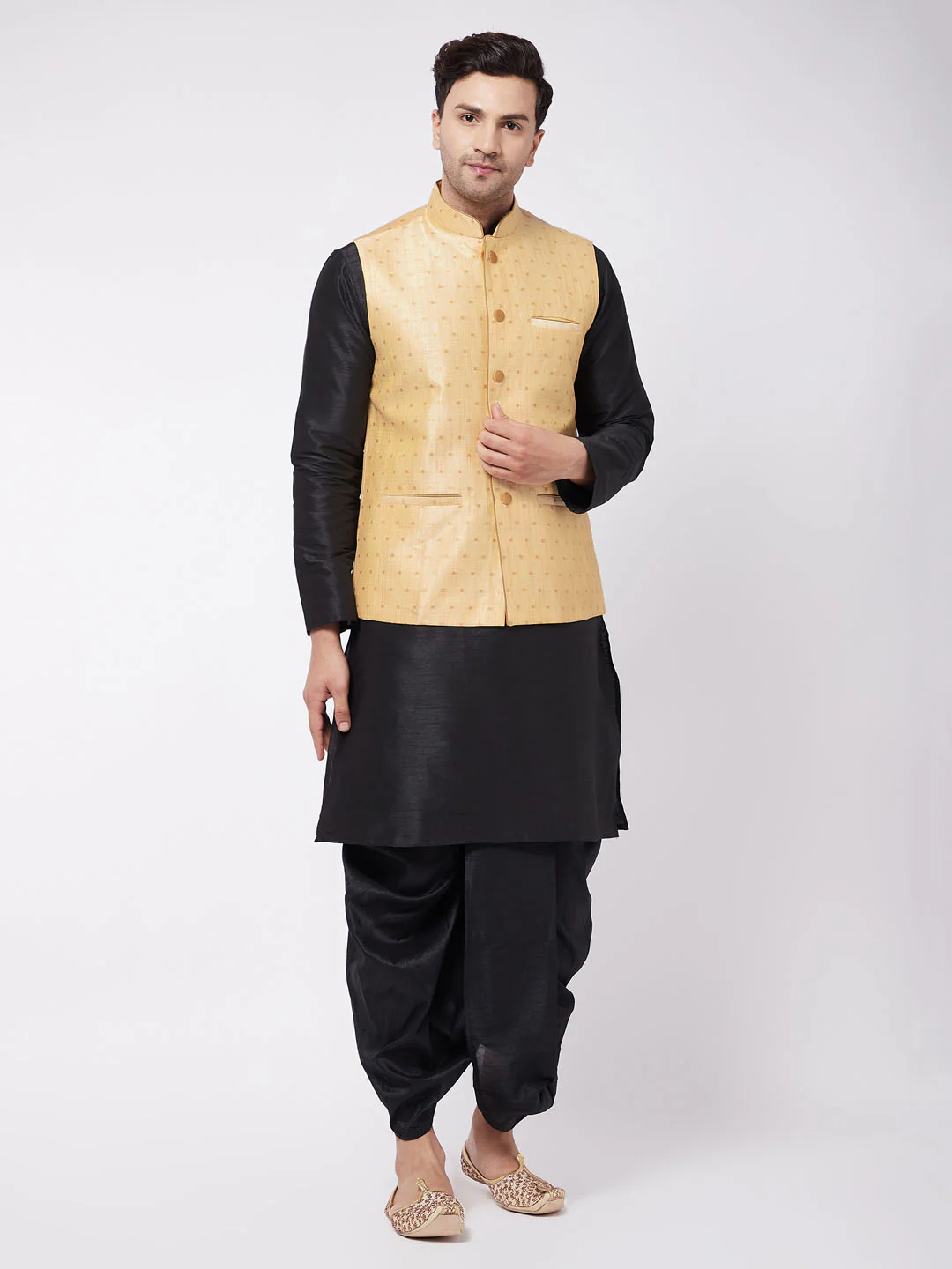 Men's Gold Zari Weaved Jacket With Kurta Dhoti Set - Image 2