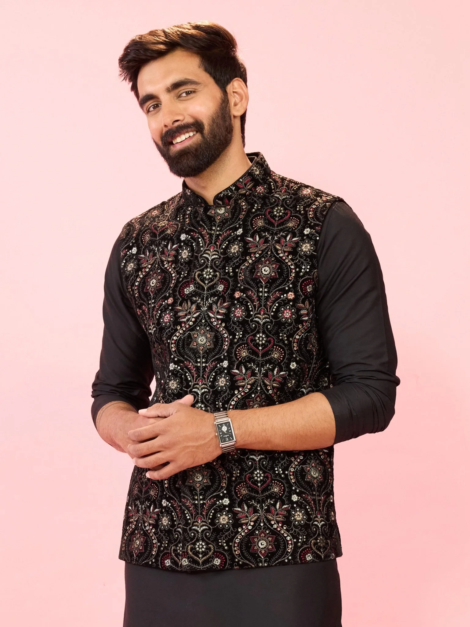 Men's Black Velvet Ethnic Motif Floral Thread Sequin Nehru Jacket - Image 4