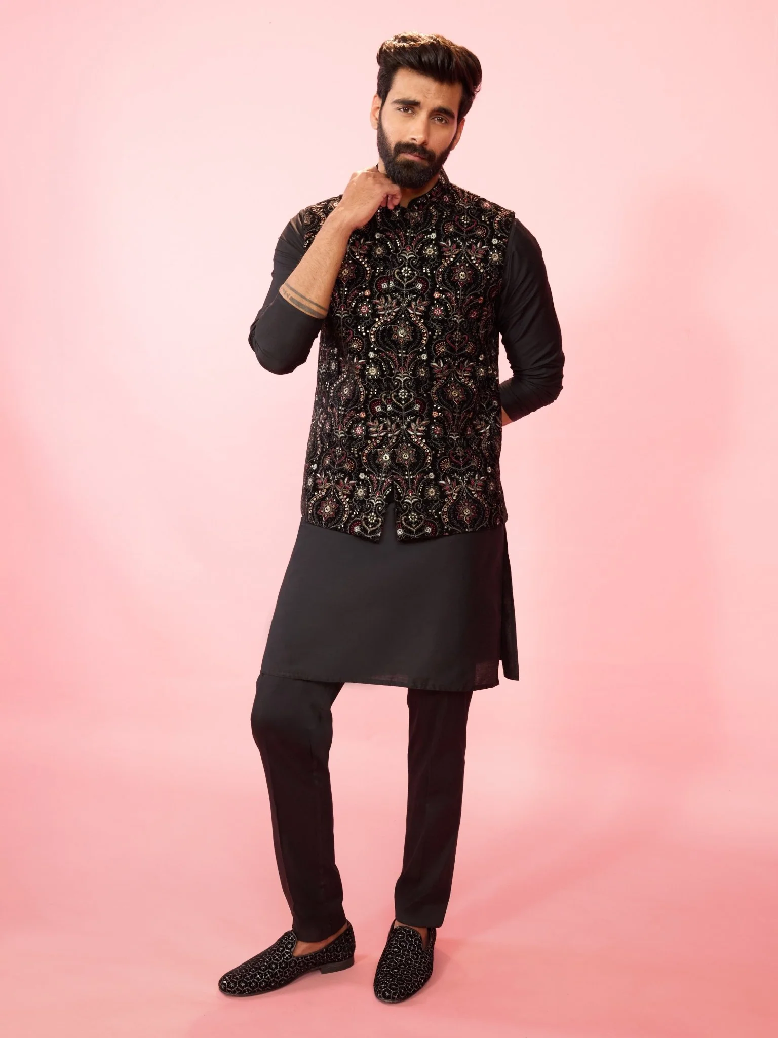 Men's Black Velvet Ethnic Motif Floral Thread Sequin Nehru Jacket - Image 6