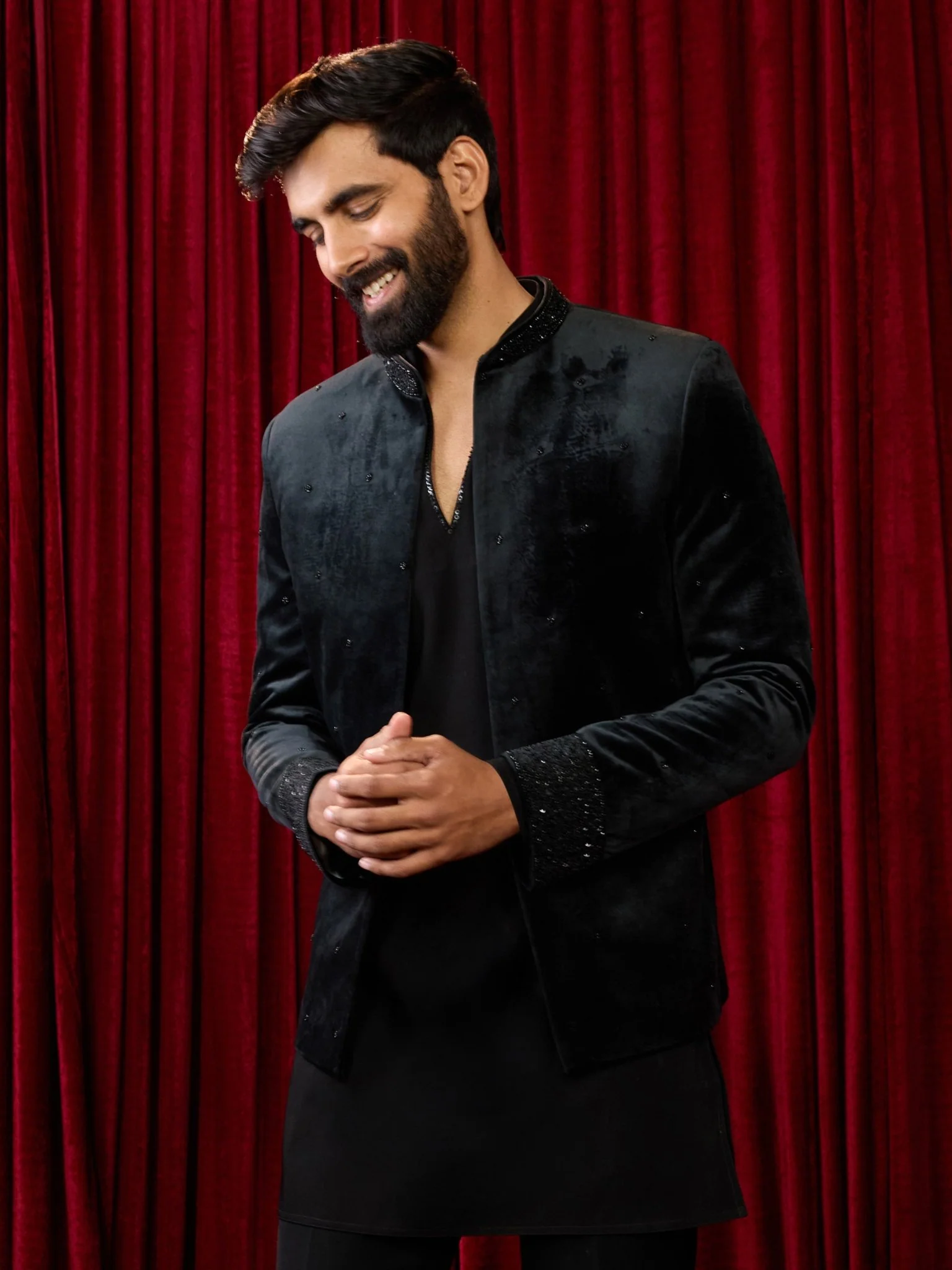 Men's Black Velvet Geometric Sequin Stone Work Full Sleeve Jodhpuri Jacket - Image 3
