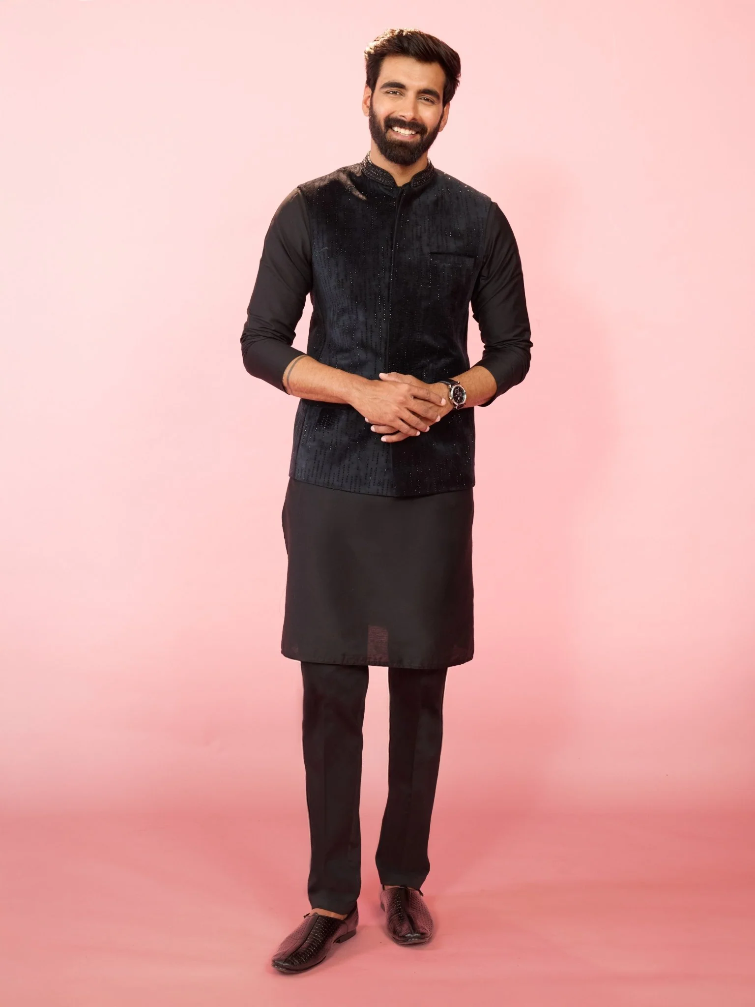 Men's Black Velvet Nehru Jacket with Black Silk Kurta & Cotton Pant Pyjama Set - Image 3