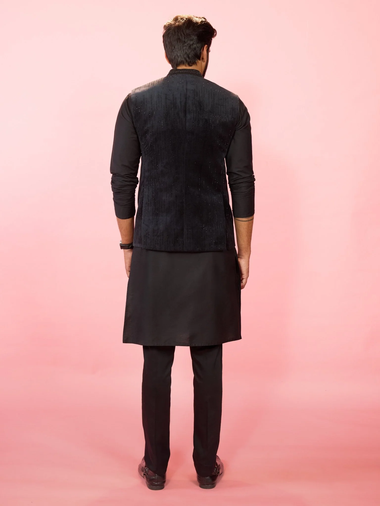 Men's Black Velvet Nehru Jacket with Black Silk Kurta & Cotton Pant Pyjama Set - Image 5