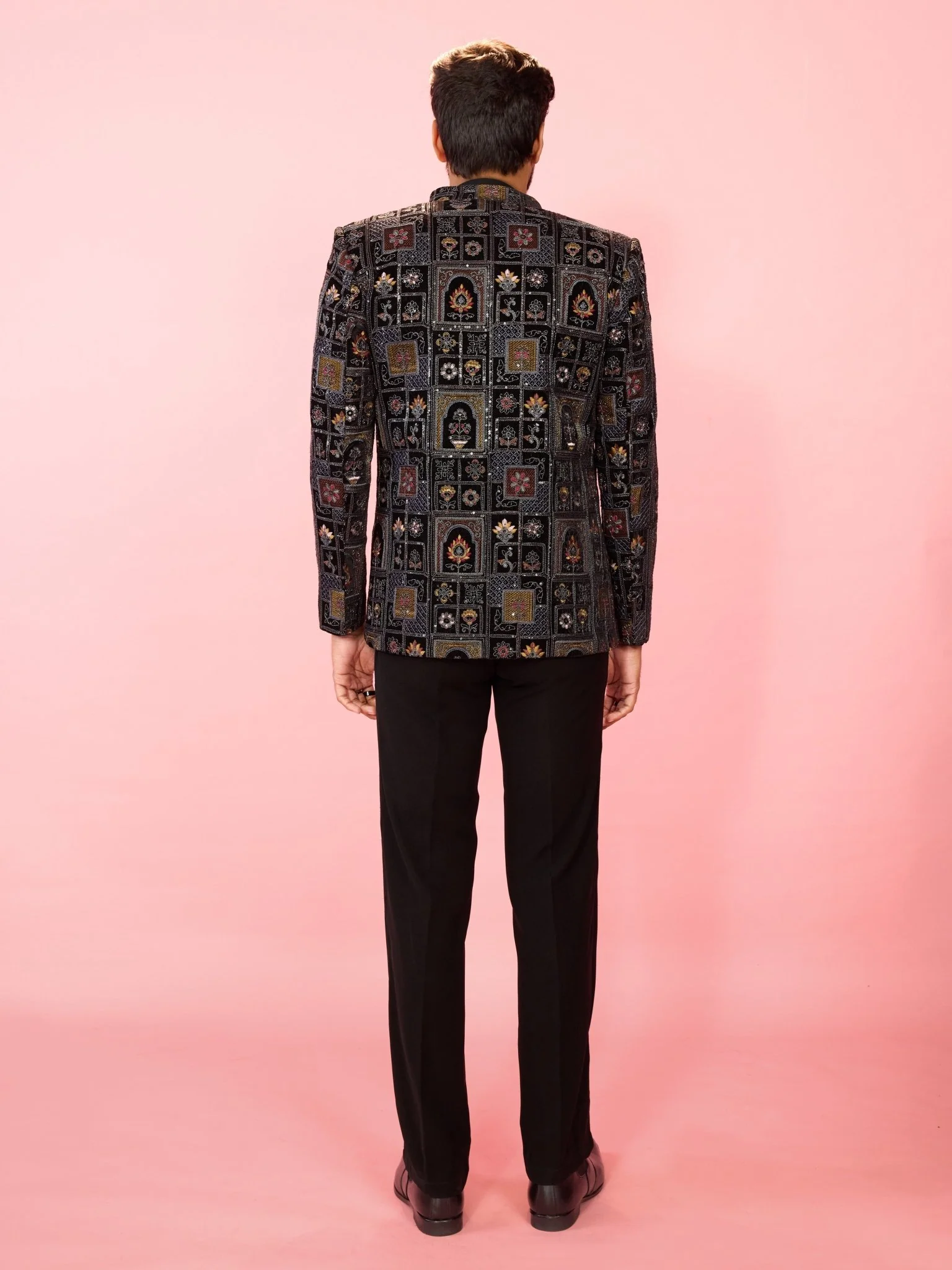 Men's Black Velvet Quirky Thread Embroidered Jodhpuri Set with Satin Lining & Straight Pant - Image 5
