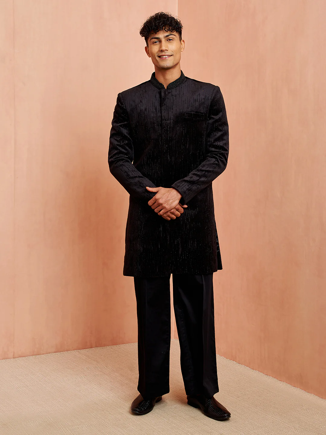 Mens Black Velvet Sherwani with Palazzo Set - Image 4