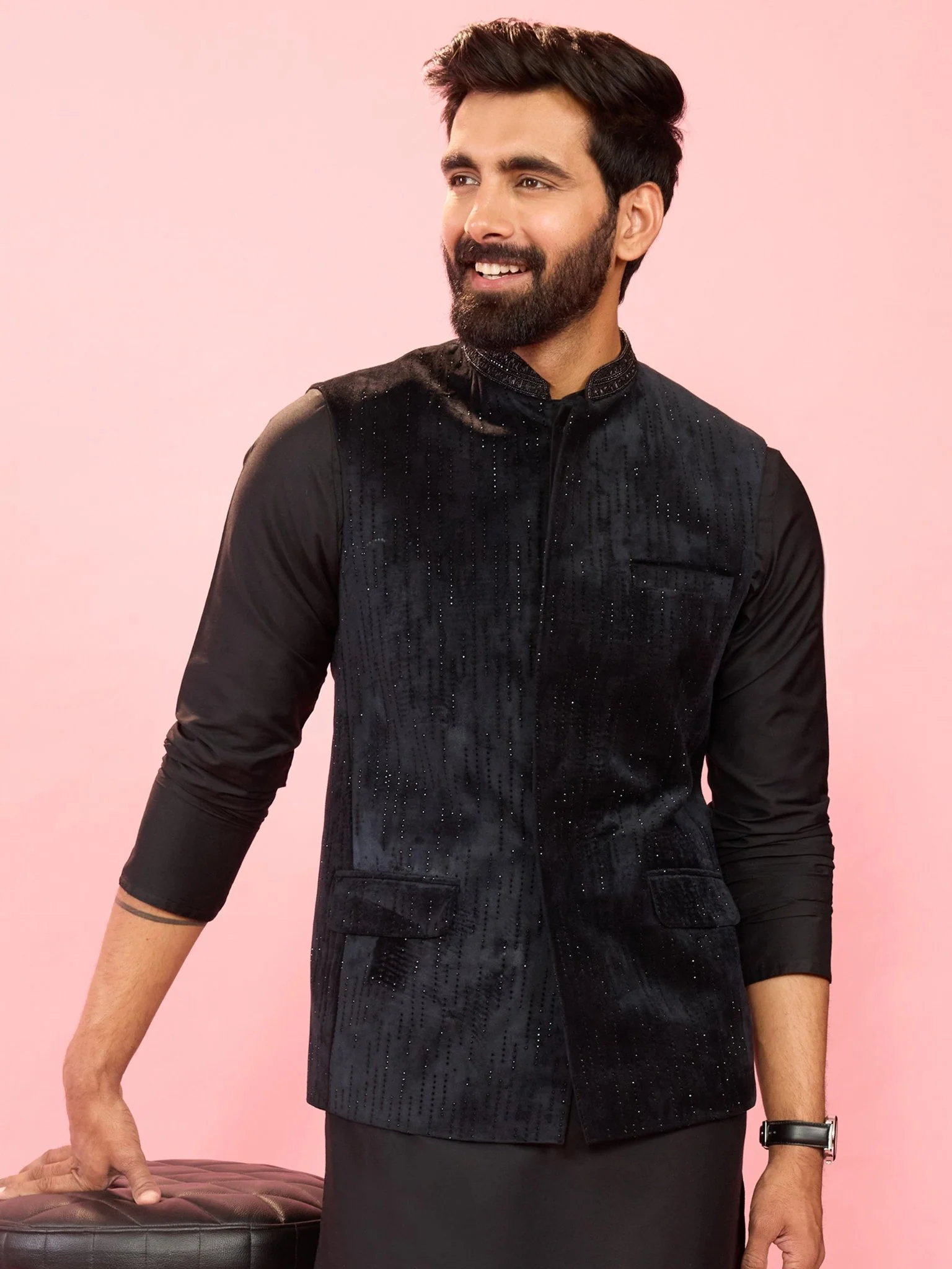 Men's Black Velvet Stone Work Sleeveless Nehru Jacket