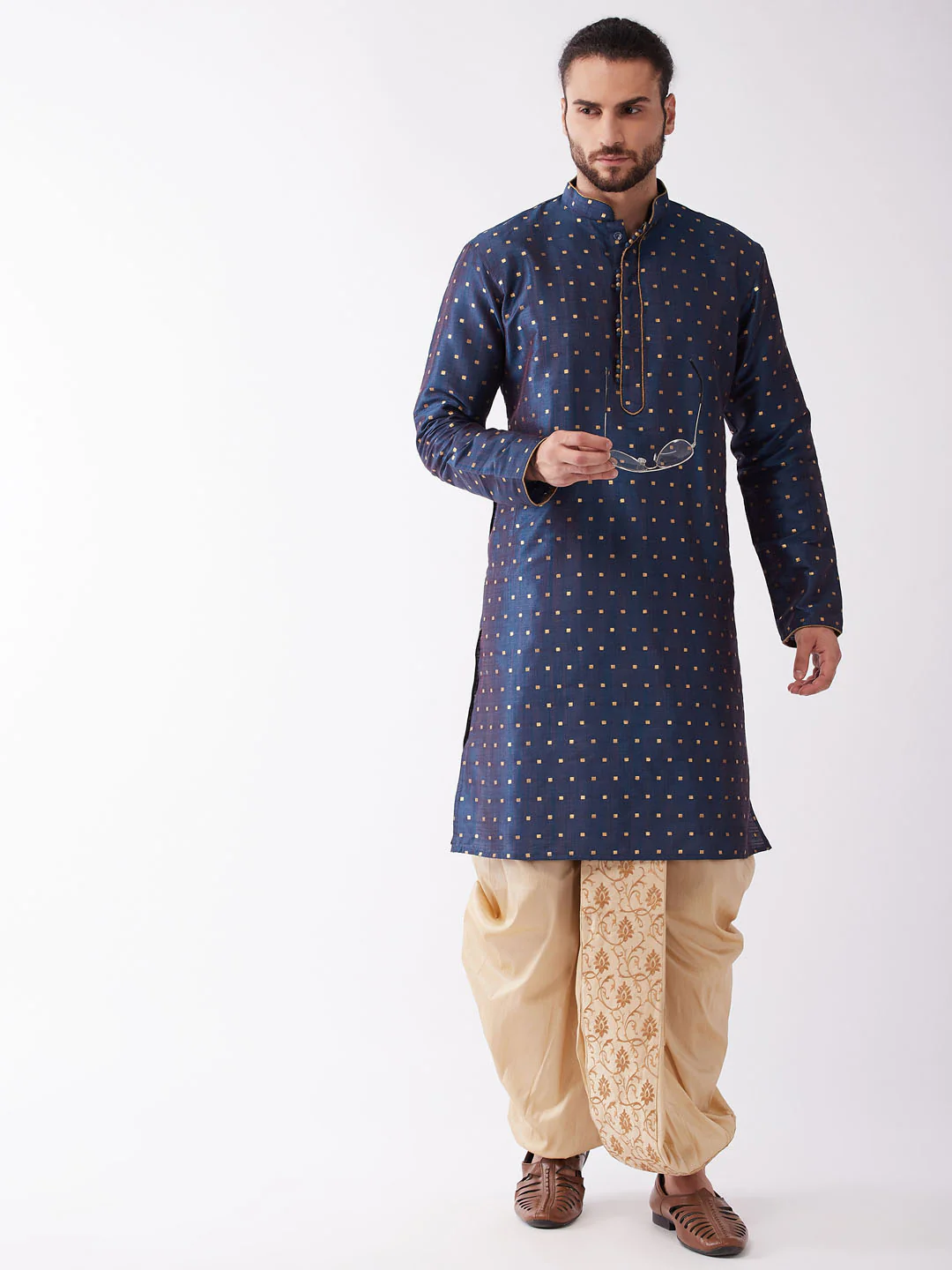 Men's Blue Zari Weaved Kurta Dhoti Set - Image 6
