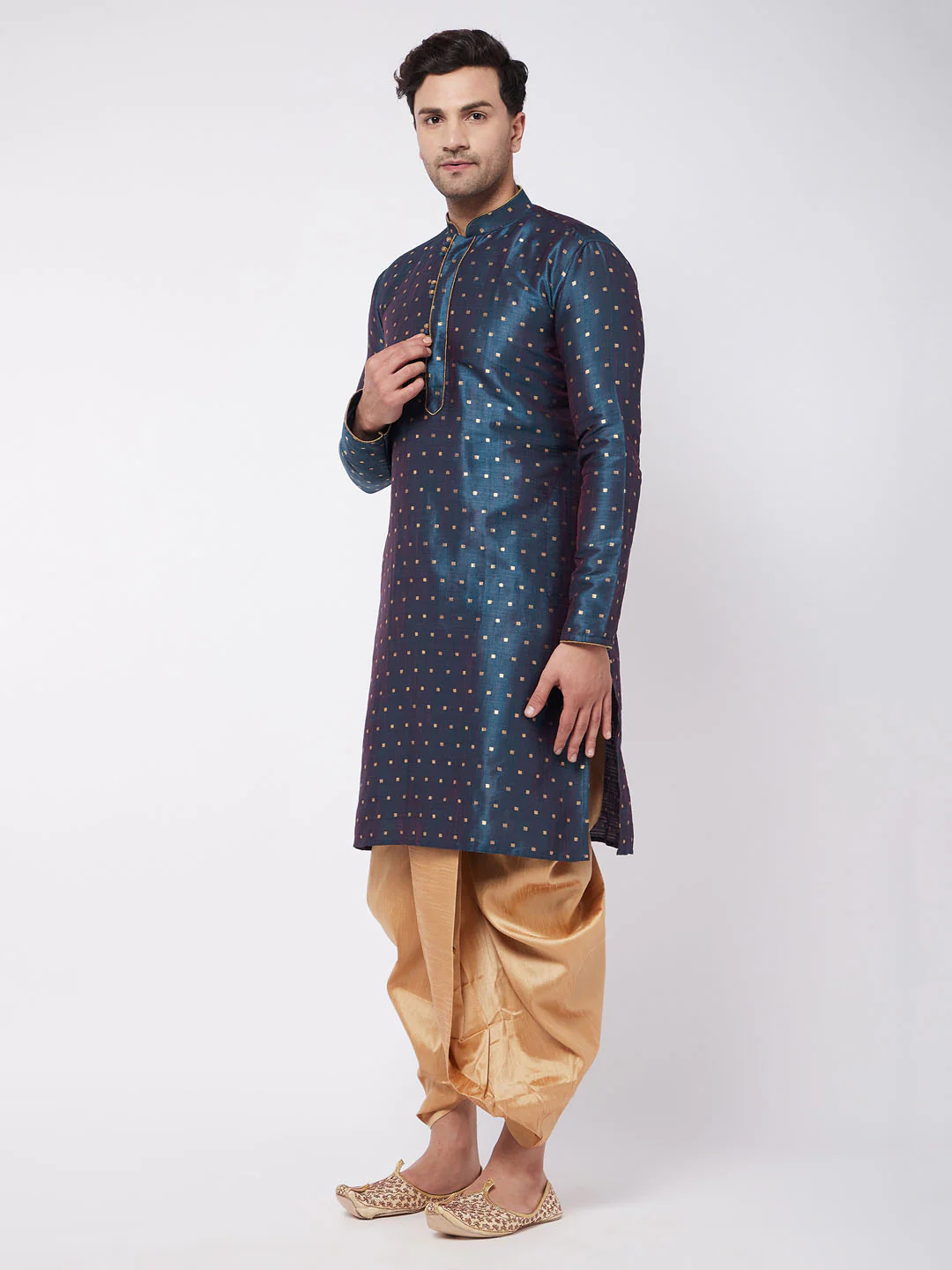Men's Blue Zari Weaved Kurta Dhoti Set - Image 3