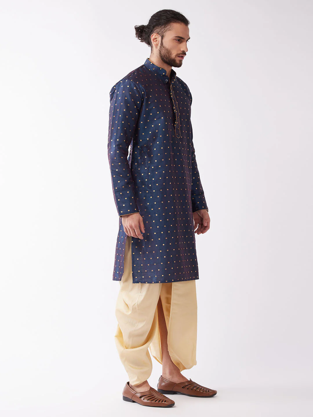 Men's Blue Zari Weaved Kurta Dhoti Set - Image 6