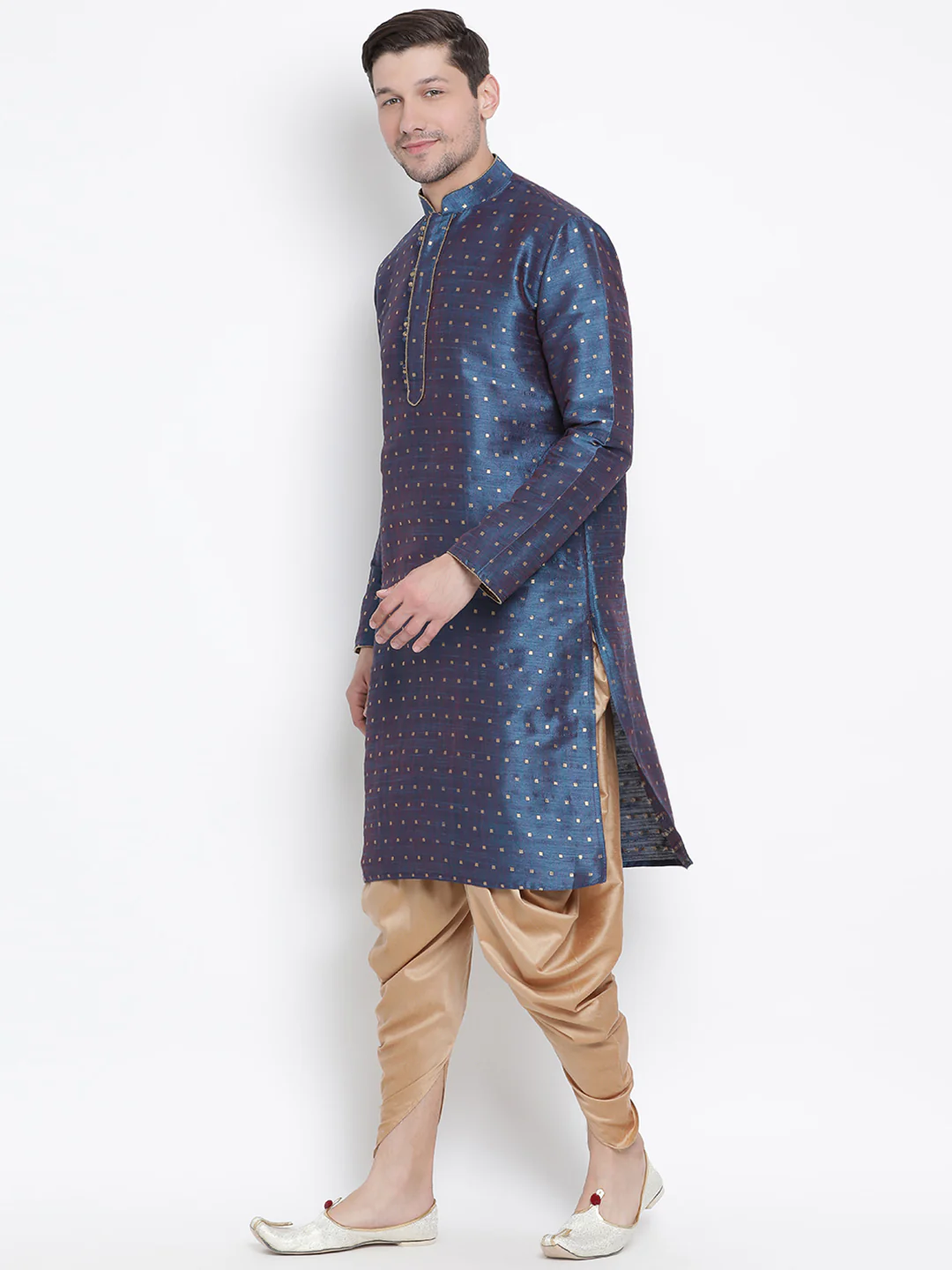 VASTRAMAY Men's Blue Zari Weaved Kurta Dhoti Set - Image 2
