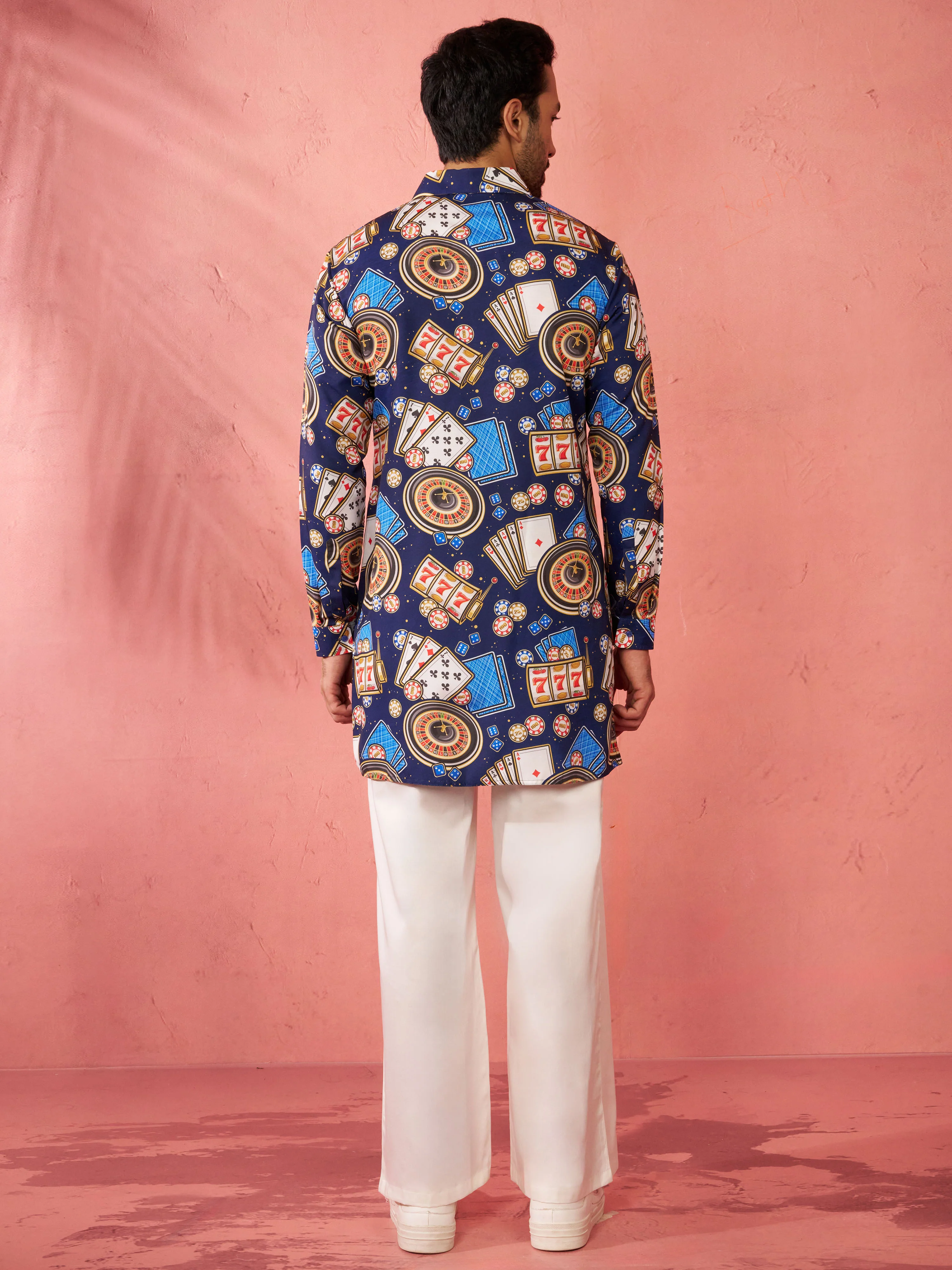 Men's Blue Digital Print Kurta with Cream Palazzo Set - Image 5