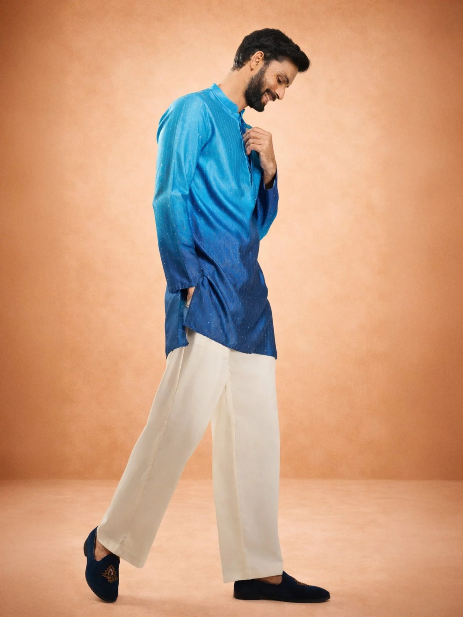 Men's Blue Ombre Silk Blend Sequin Kurta with Cream Fine Satin Wide Leg Palazzo