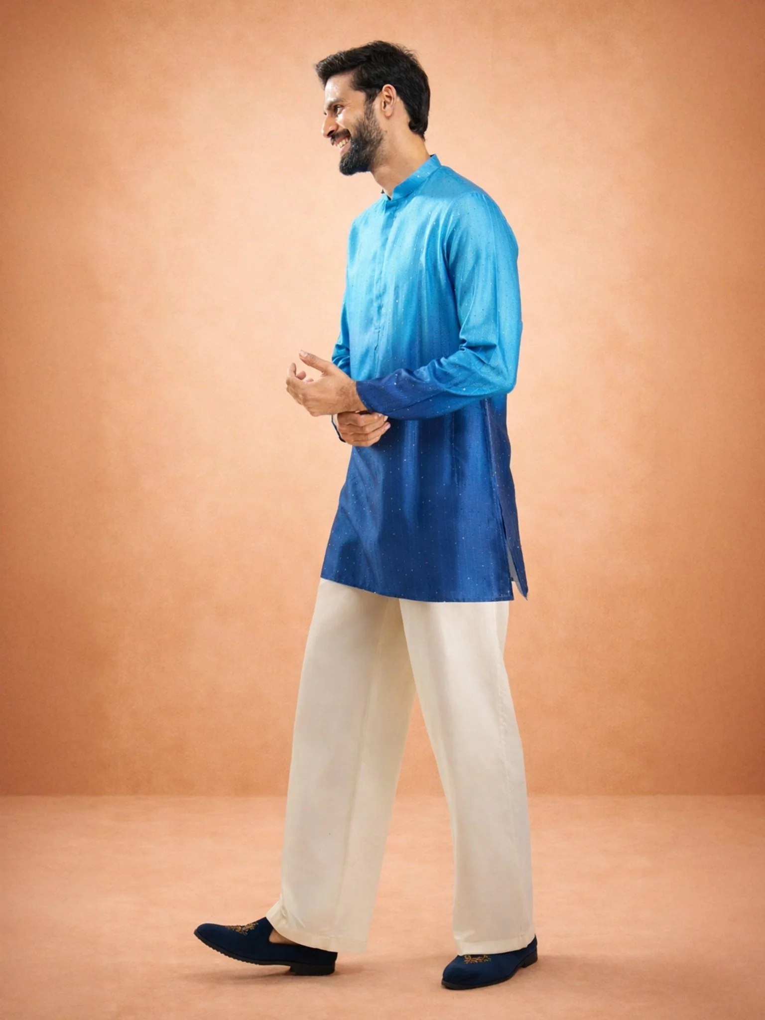 Men's Blue Silk Blend Ombre Sequin Kurta - Image 6