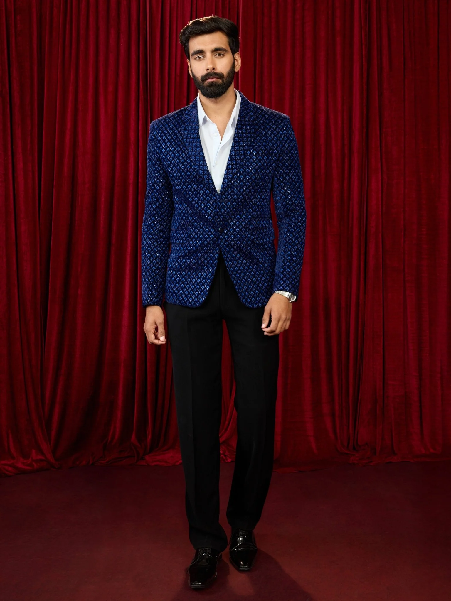 Men's Blue Velvet Blazer with Black Pant Set - Image 4