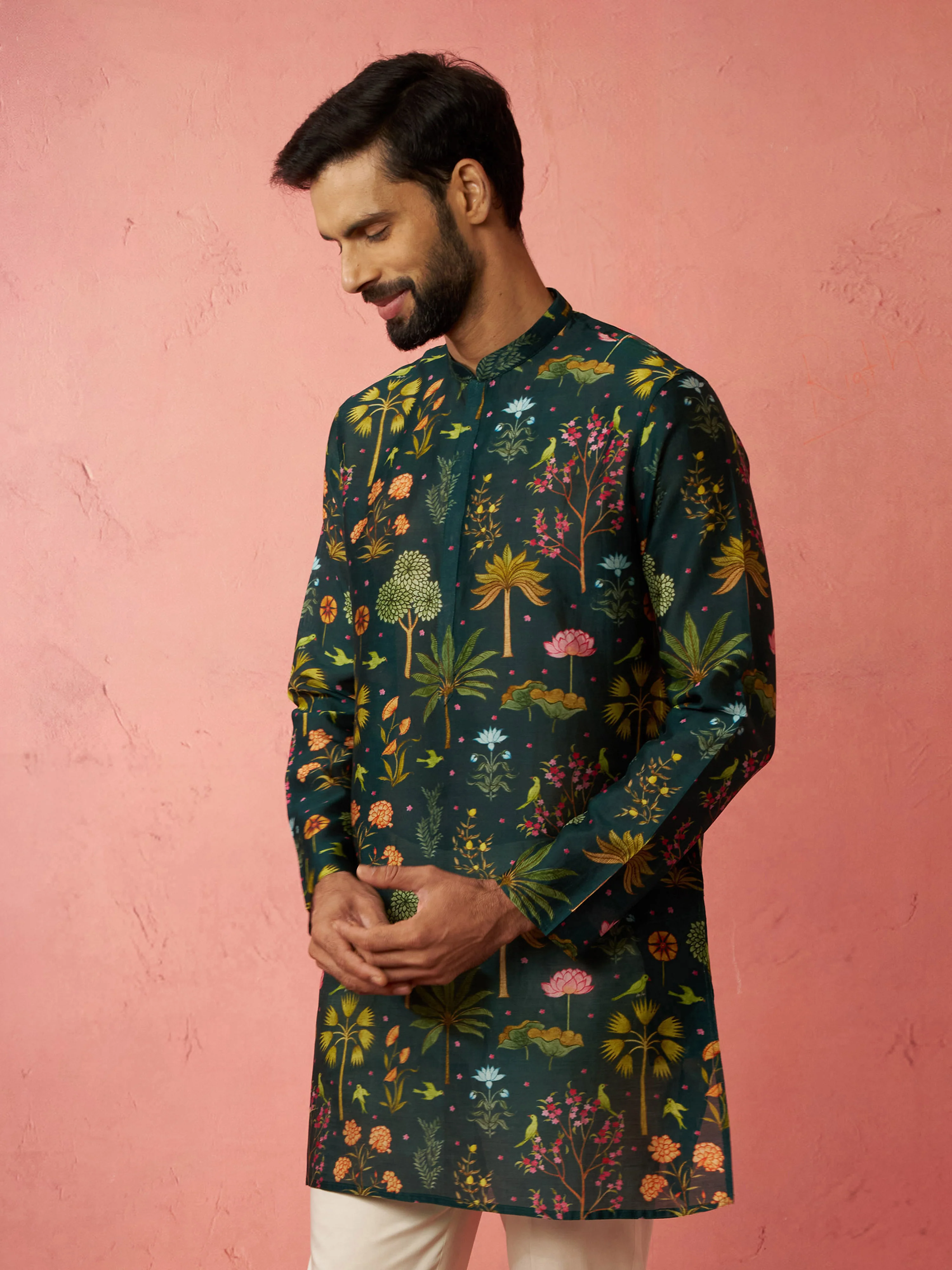 Men's Bottle Green Digital Print Kurta - Image 4