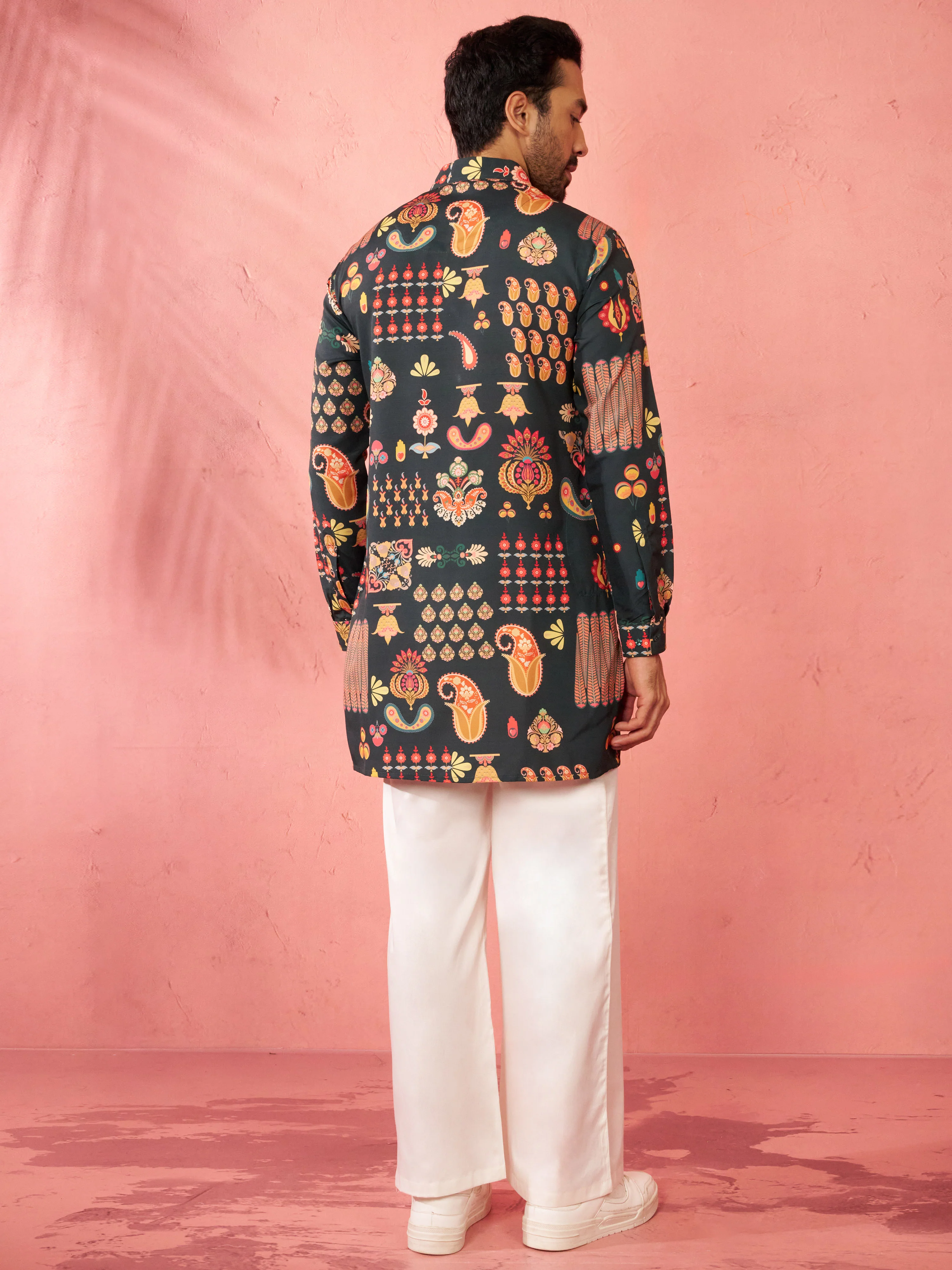 Men's Bottle Green Digital Print Kurta with Cream Palazzo Set - Image 5