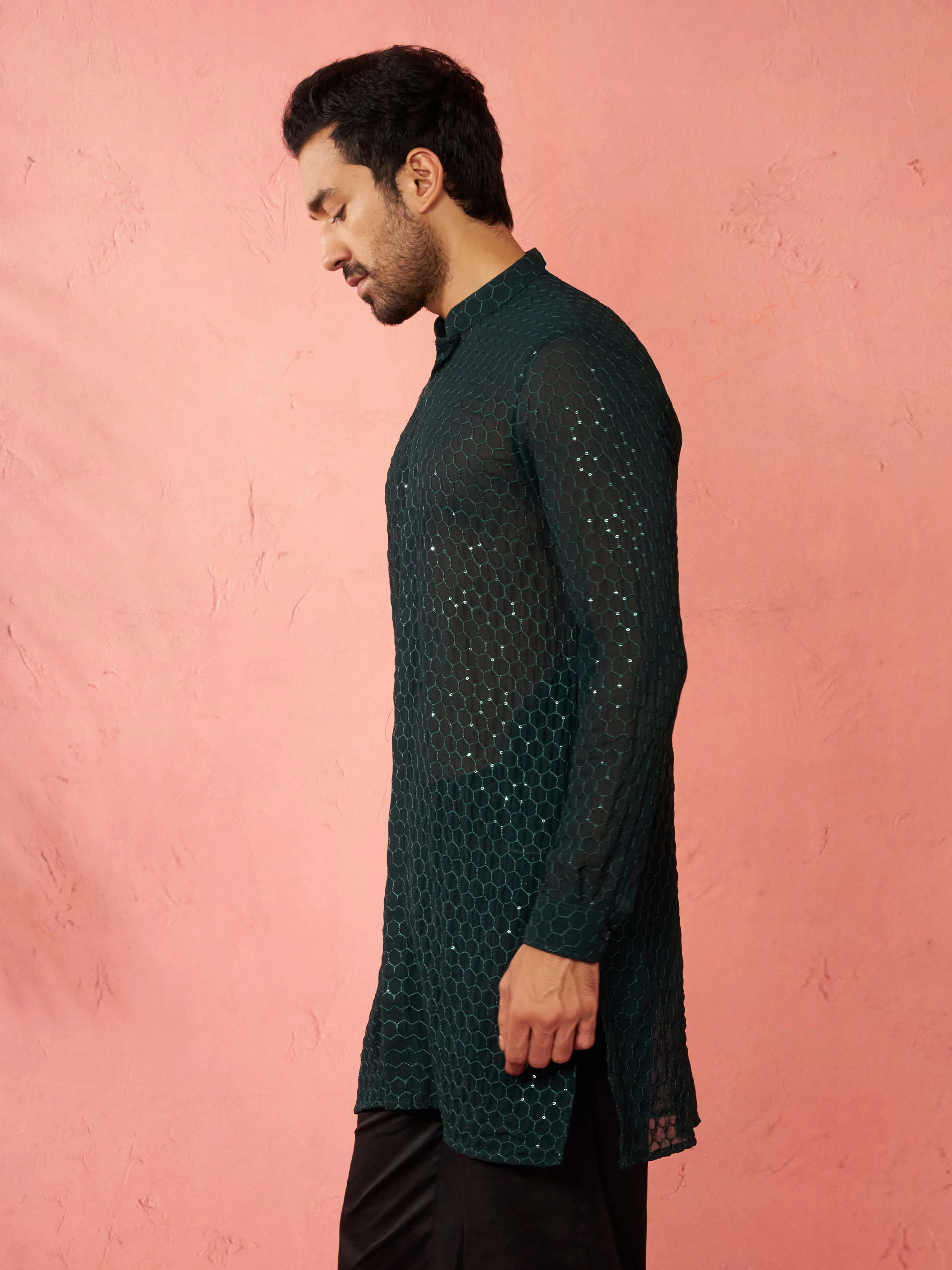 Men's Bottle Green Georgette Mid Kurta - Image 3