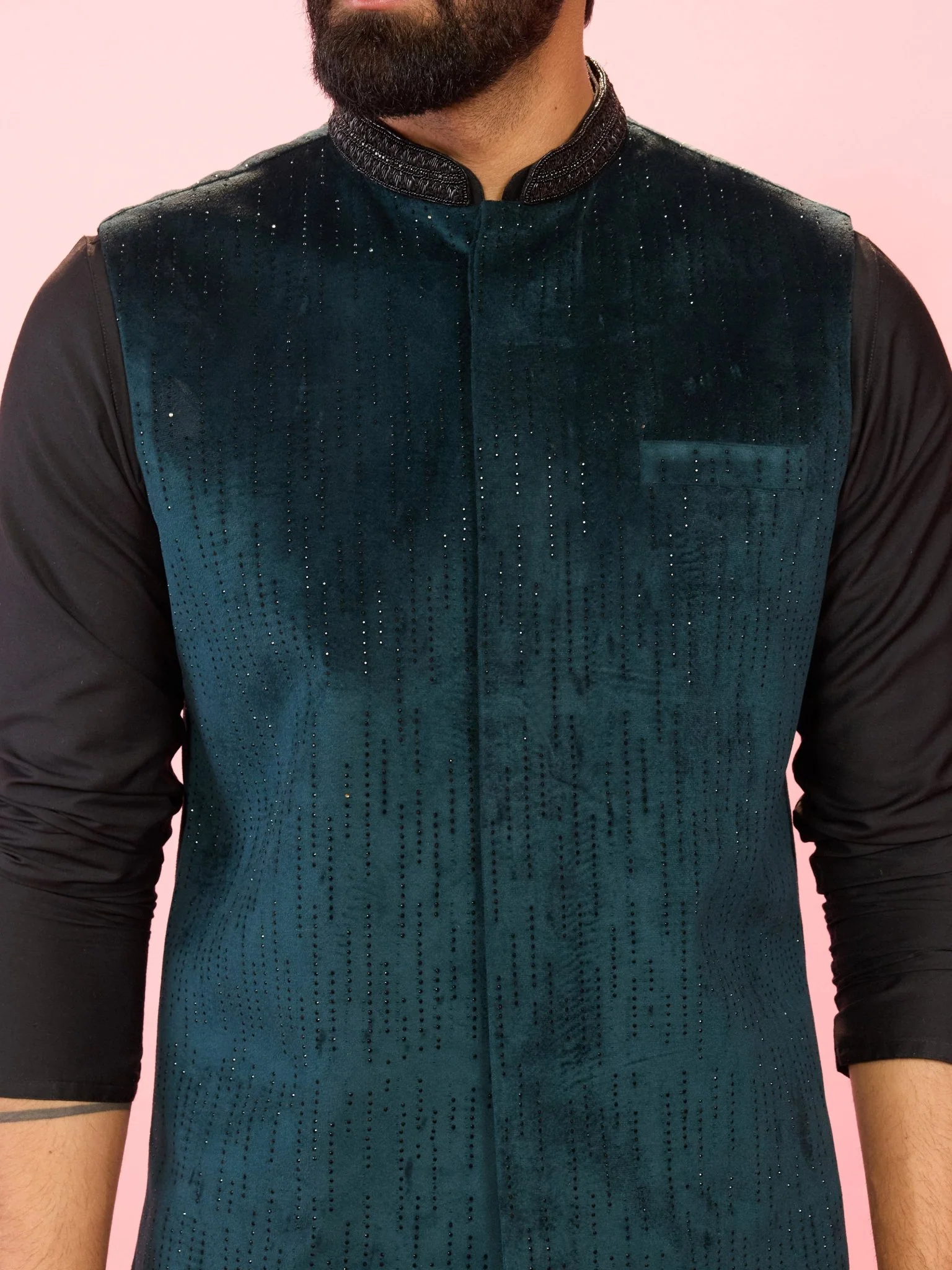 Men's Bottle Green Velvet Stone Work Sleeveless Nehru Jacket - Image 2