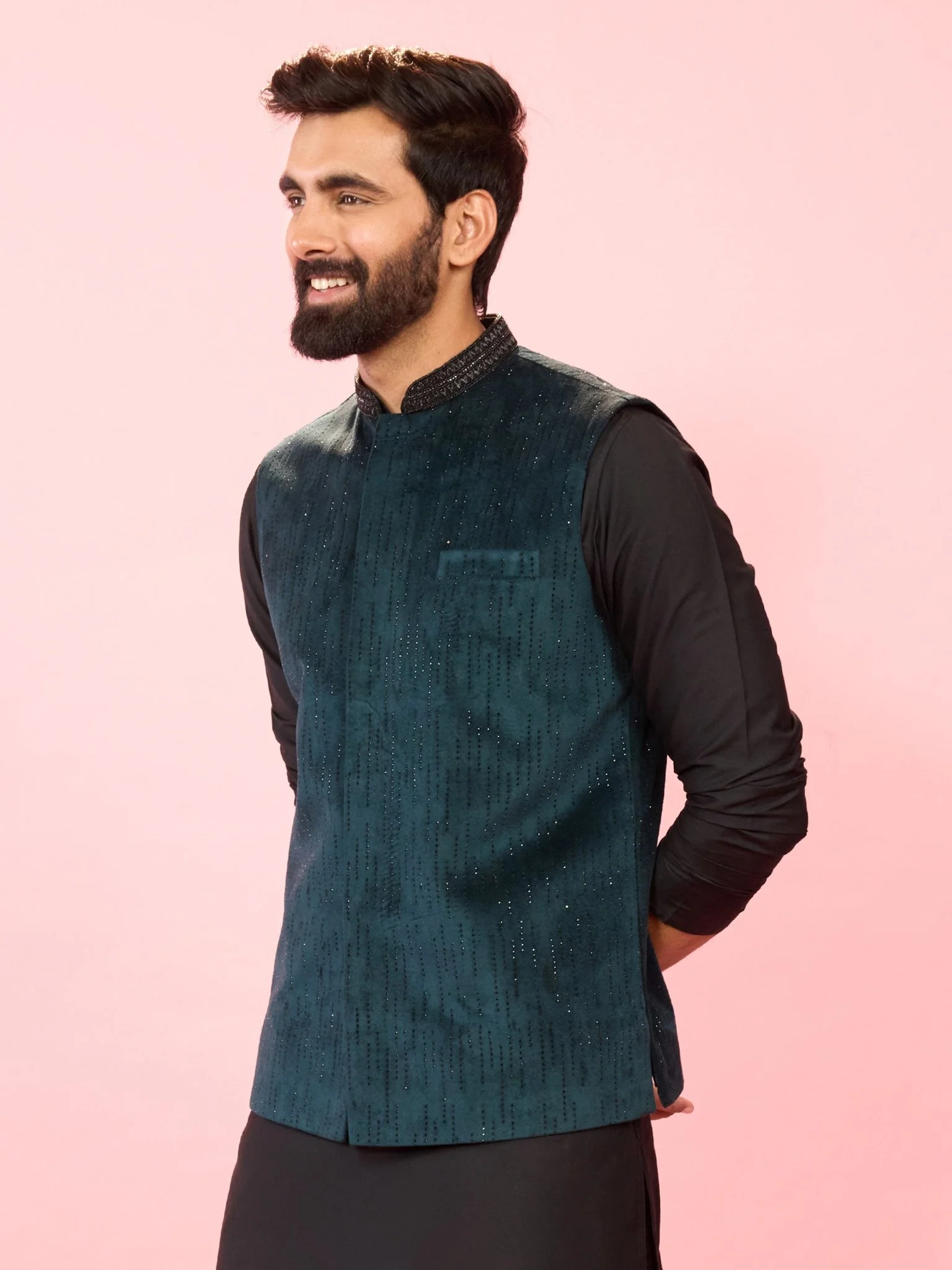 Men's Bottle Green Velvet Stone Work Sleeveless Nehru Jacket - Image 4