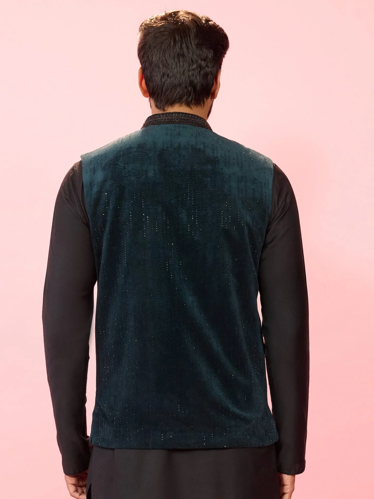 Men's Bottle Green Velvet Stone Work Sleeveless Nehru Jacket - Image 5
