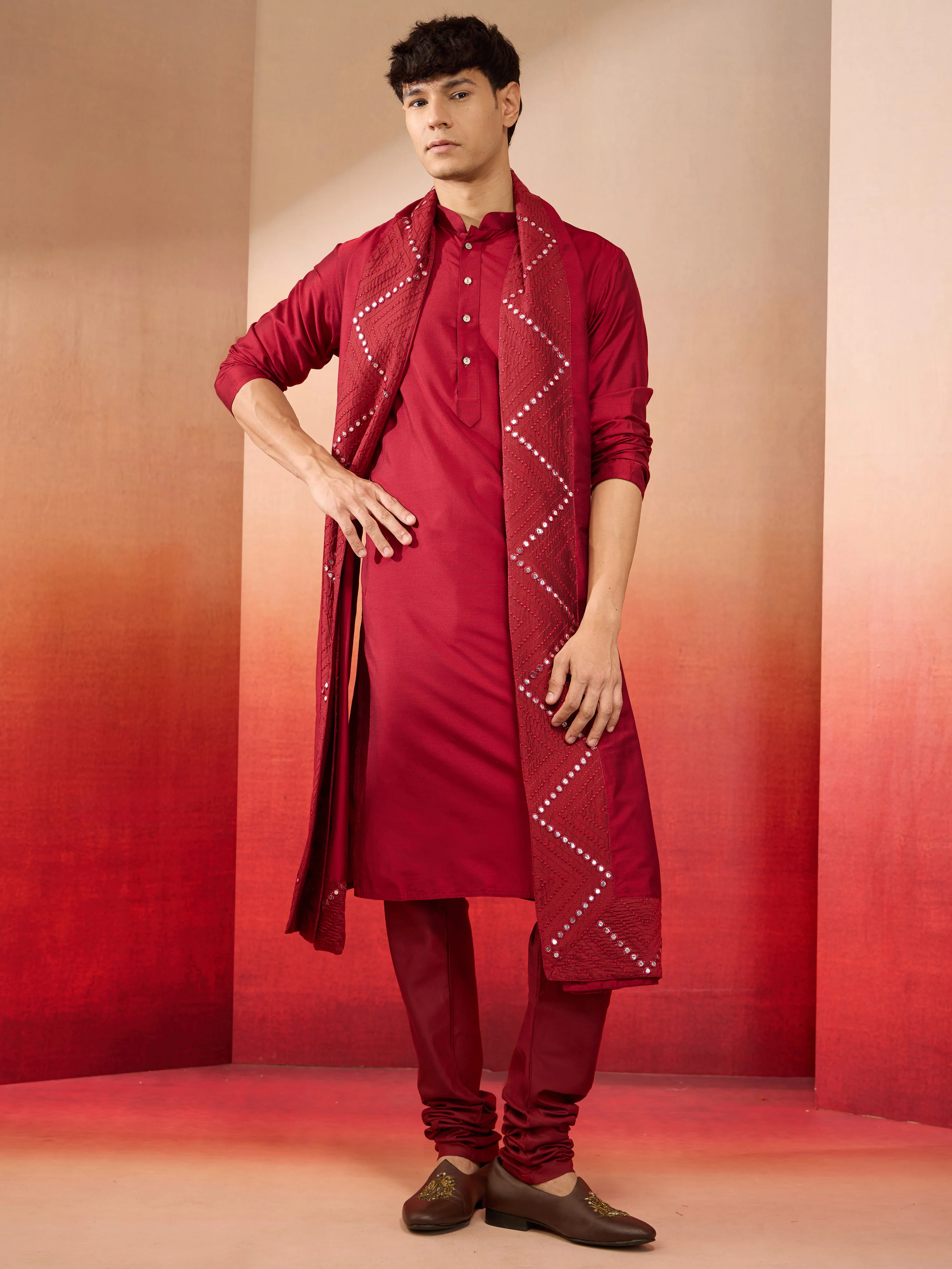 Men's Cream Embroidered Kurta with Maroon Churidar and Mirror Work Dupatta Set - Image 3
